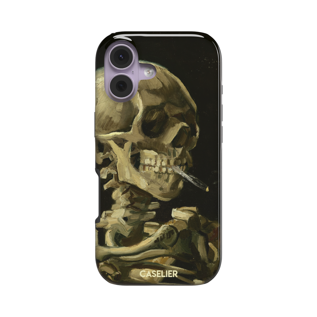 Skull of a Skeleton with Burning Cigarette by Vincent van Gogh phone case, featuring a grinning skeleton with a lit cigarette in olive, ochre and black oil-painting brushwork on a dark background, phone case by Caselier — tough case, front view