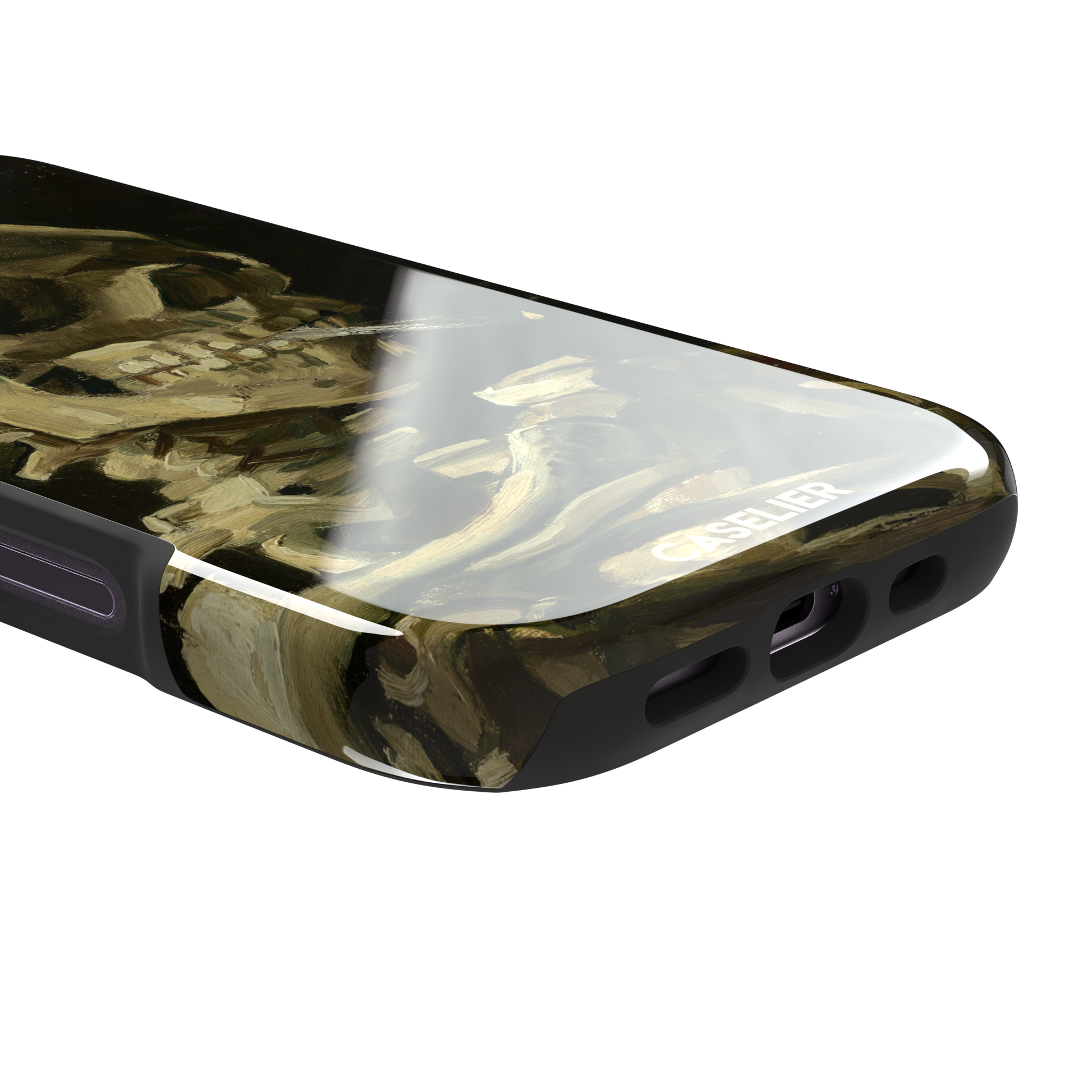 Skull of a Skeleton with Burning Cigarette by Vincent van Gogh phone case, featuring a grinning skeleton with a lit cigarette in olive, ochre and black oil-painting brushwork on a dark background, phone case by Caselier — tough case, charging port detail