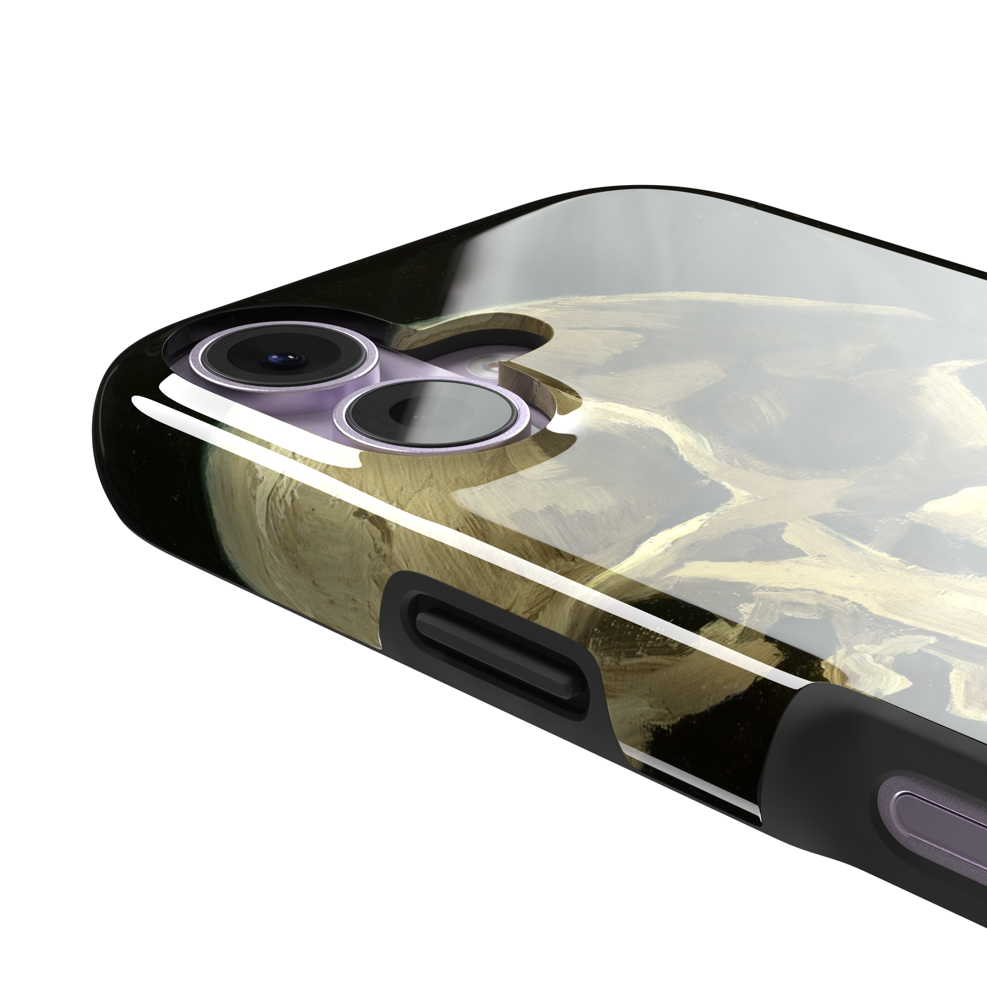 Skull of a Skeleton with Burning Cigarette by Vincent van Gogh phone case, featuring a grinning skeleton with a lit cigarette in olive, ochre and black oil-painting brushwork on a dark background, phone case by Caselier — tough case, volume buttons detail