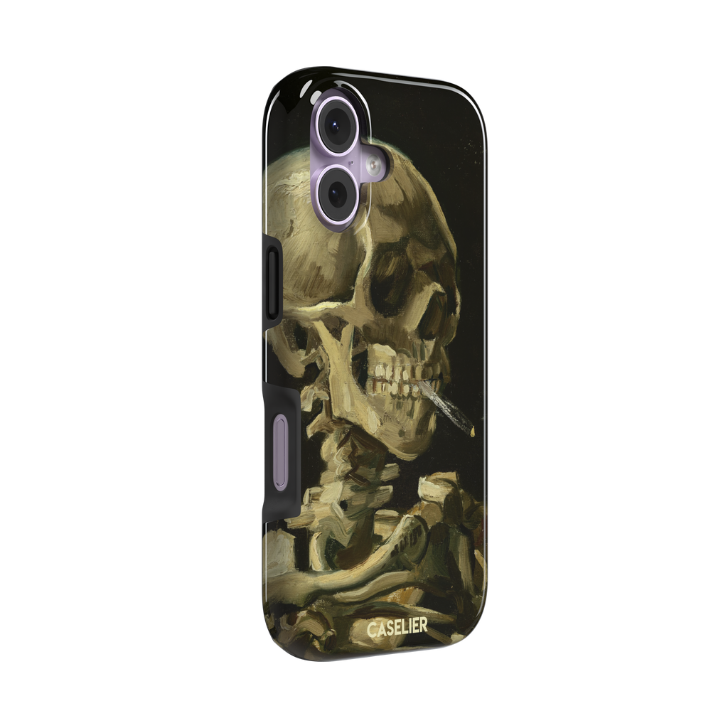 Skull of a Skeleton with Burning Cigarette by Vincent van Gogh phone case, featuring a grinning skeleton with a lit cigarette in olive, ochre and black oil-painting brushwork on a dark background, phone case by Caselier — tough case, left view