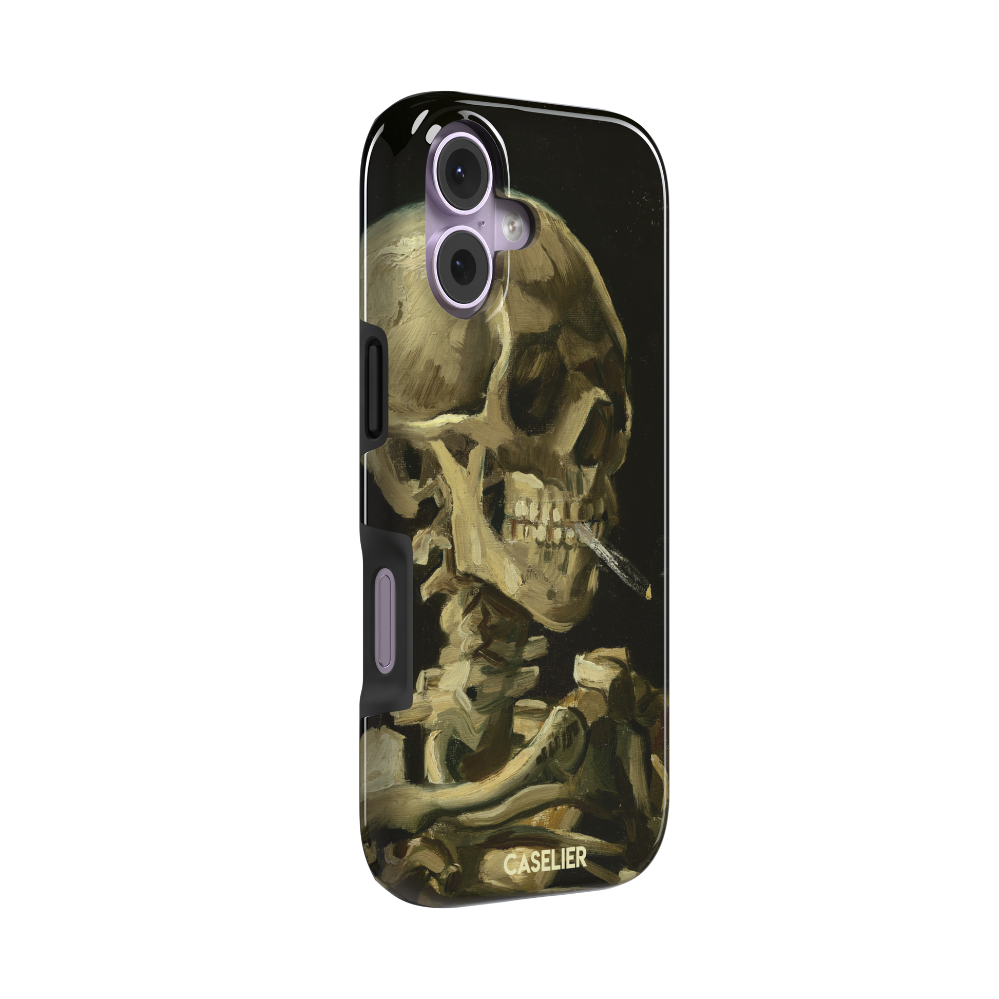 Skull of a Skeleton with Burning Cigarette by Vincent van Gogh phone case, featuring a grinning skeleton with a lit cigarette in olive, ochre and black oil-painting brushwork on a dark background, phone case by Caselier — tough case, left view