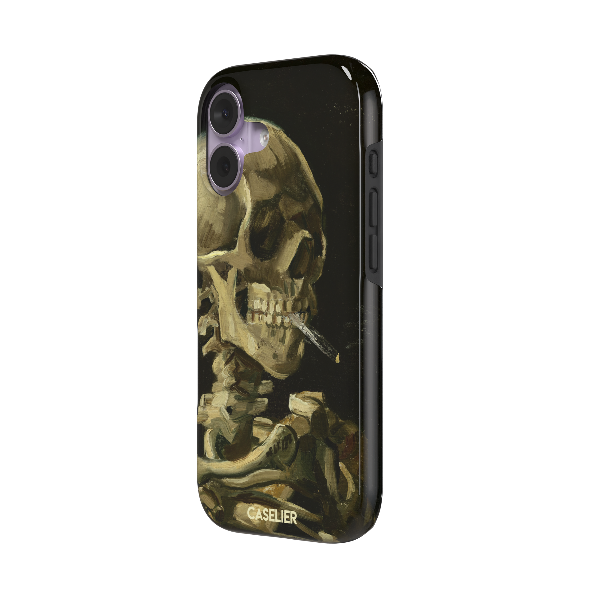 Skull of a Skeleton with Burning Cigarette by Vincent van Gogh phone case, featuring a grinning skeleton with a lit cigarette in olive, ochre and black oil-painting brushwork on a dark background, phone case by Caselier — tough case, right view