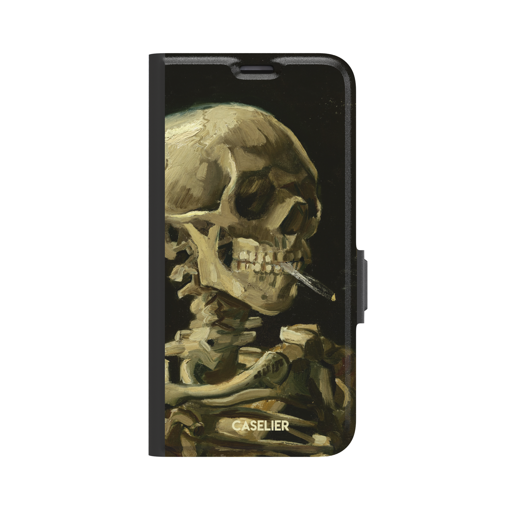 Skull of a Skeleton with Burning Cigarette by Vincent van Gogh phone case, featuring a grinning skeleton with a lit cigarette in olive, ochre and black oil-painting brushwork on a dark background, phone case by Caselier — wallet case, front view
