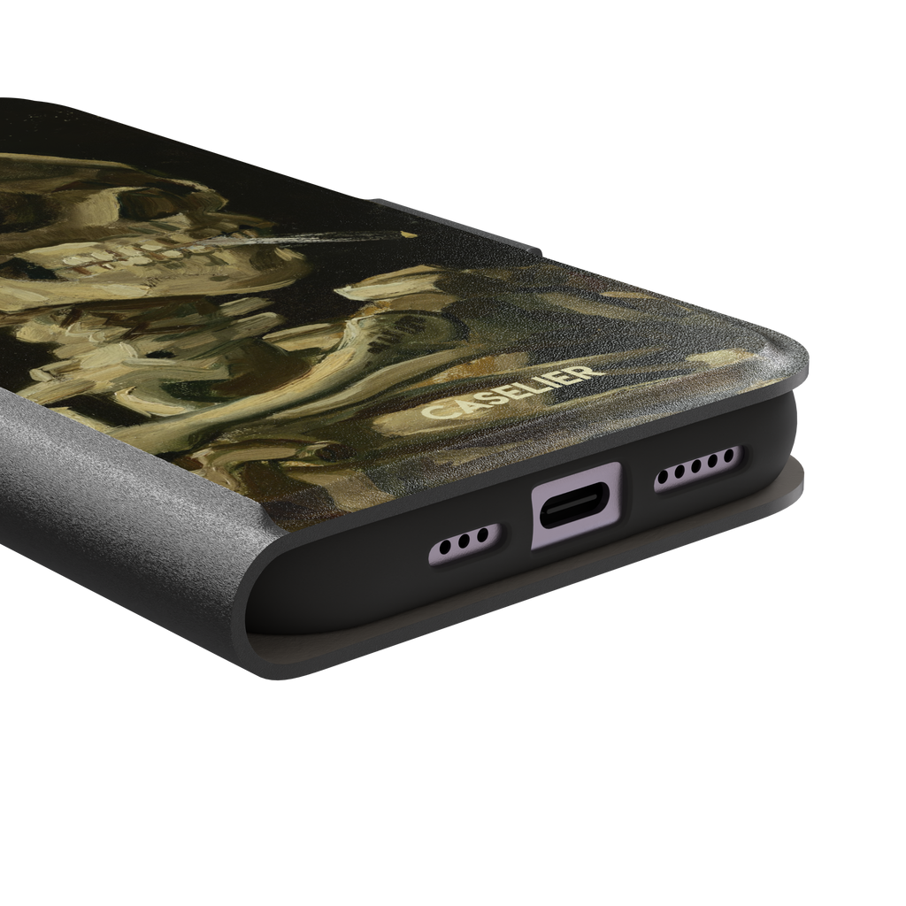 Skull of a Skeleton with Burning Cigarette by Vincent van Gogh phone case, featuring a grinning skeleton with a lit cigarette in olive, ochre and black oil-painting brushwork on a dark background, phone case by Caselier — wallet case, charging port detail