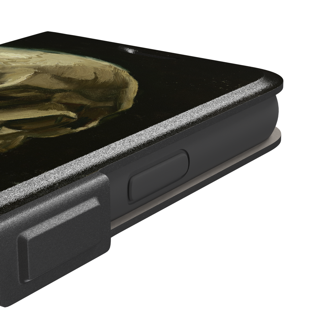 Skull of a Skeleton with Burning Cigarette by Vincent van Gogh phone case, featuring a grinning skeleton with a lit cigarette in olive, ochre and black oil-painting brushwork on a dark background, phone case by Caselier — wallet case, volume buttons detail
