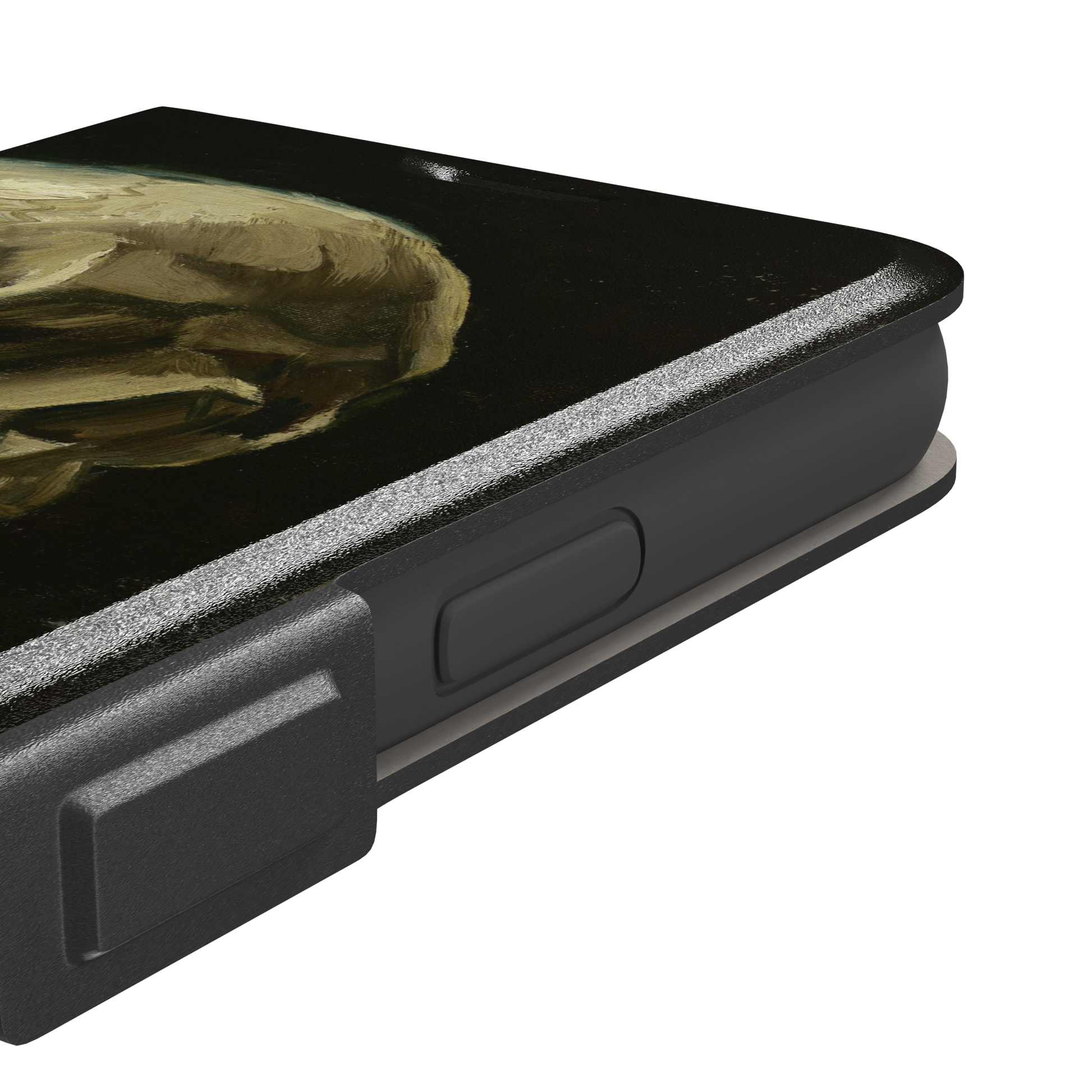 Skull of a Skeleton with Burning Cigarette by Vincent van Gogh phone case, featuring a grinning skeleton with a lit cigarette in olive, ochre and black oil-painting brushwork on a dark background, phone case by Caselier — wallet case, volume buttons detail