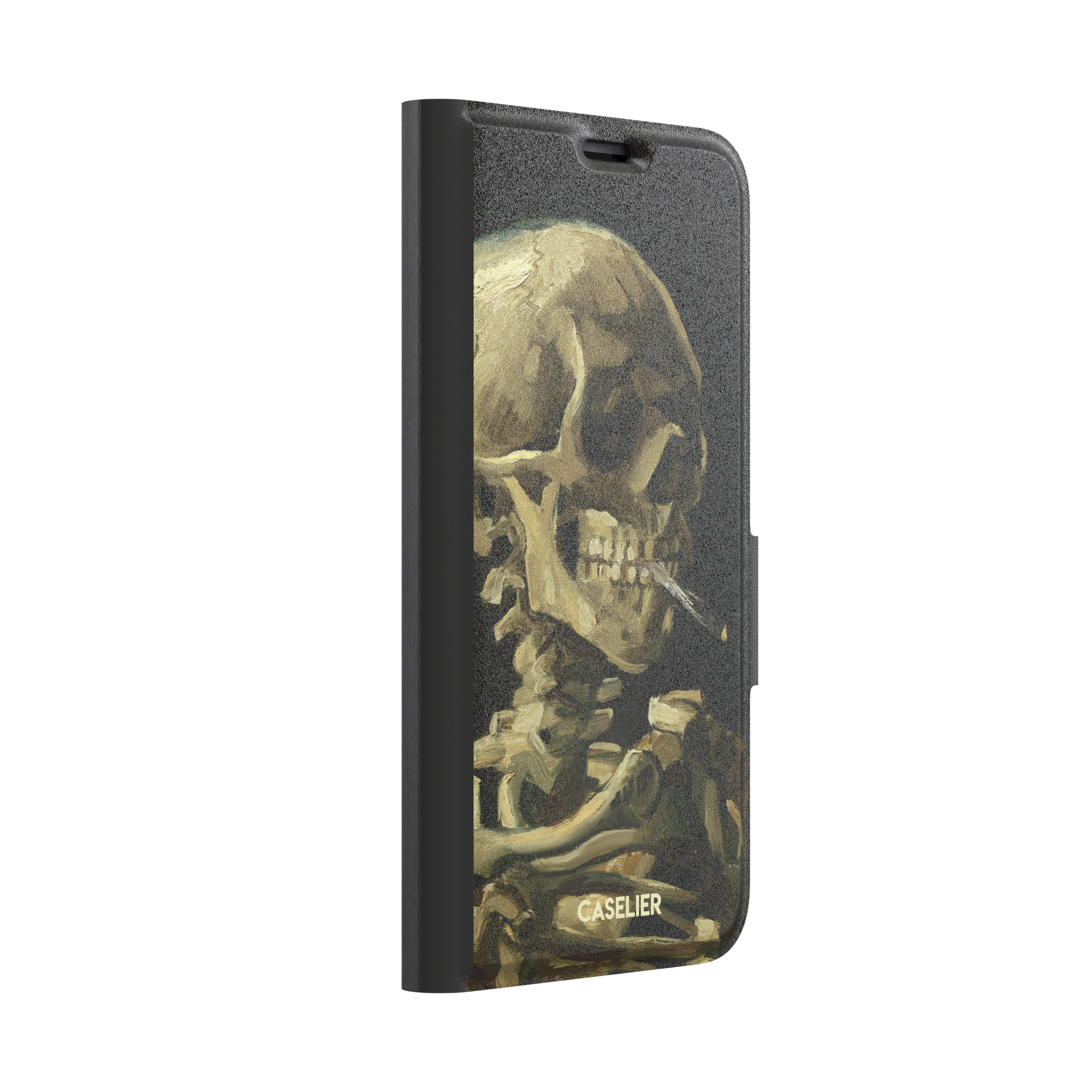 Skull of a Skeleton with Burning Cigarette by Vincent van Gogh phone case, featuring a grinning skeleton with a lit cigarette in olive, ochre and black oil-painting brushwork on a dark background, phone case by Caselier — wallet case, left view