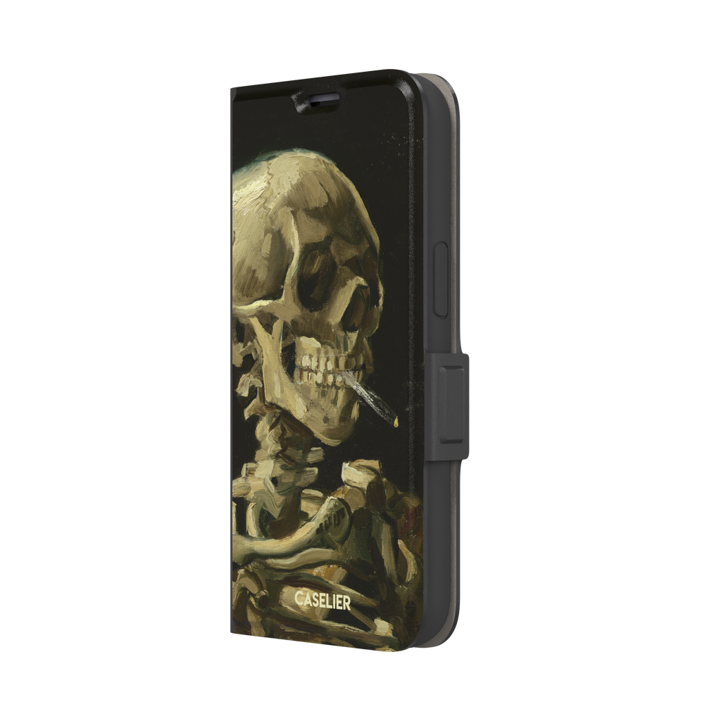Skull of a Skeleton with Burning Cigarette by Vincent van Gogh phone case, featuring a grinning skeleton with a lit cigarette in olive, ochre and black oil-painting brushwork on a dark background, phone case by Caselier — wallet case, right view