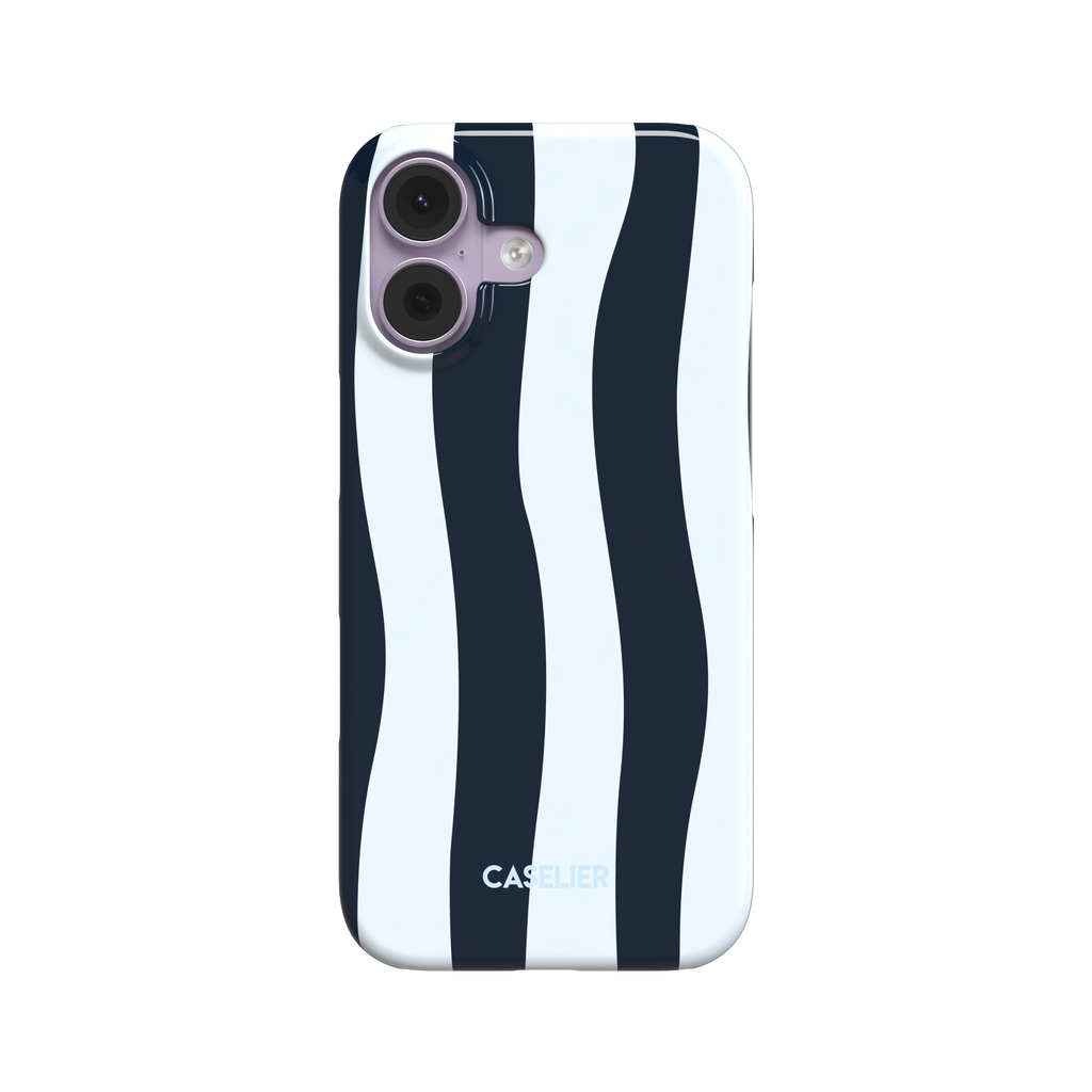 Sloppy Stripes snap phone case in navy and ice blue, featuring thick wavy vertical stripes across the full back panel, front-facing product shot on white background, phone case by Caselier - snap case, front view | Caselier