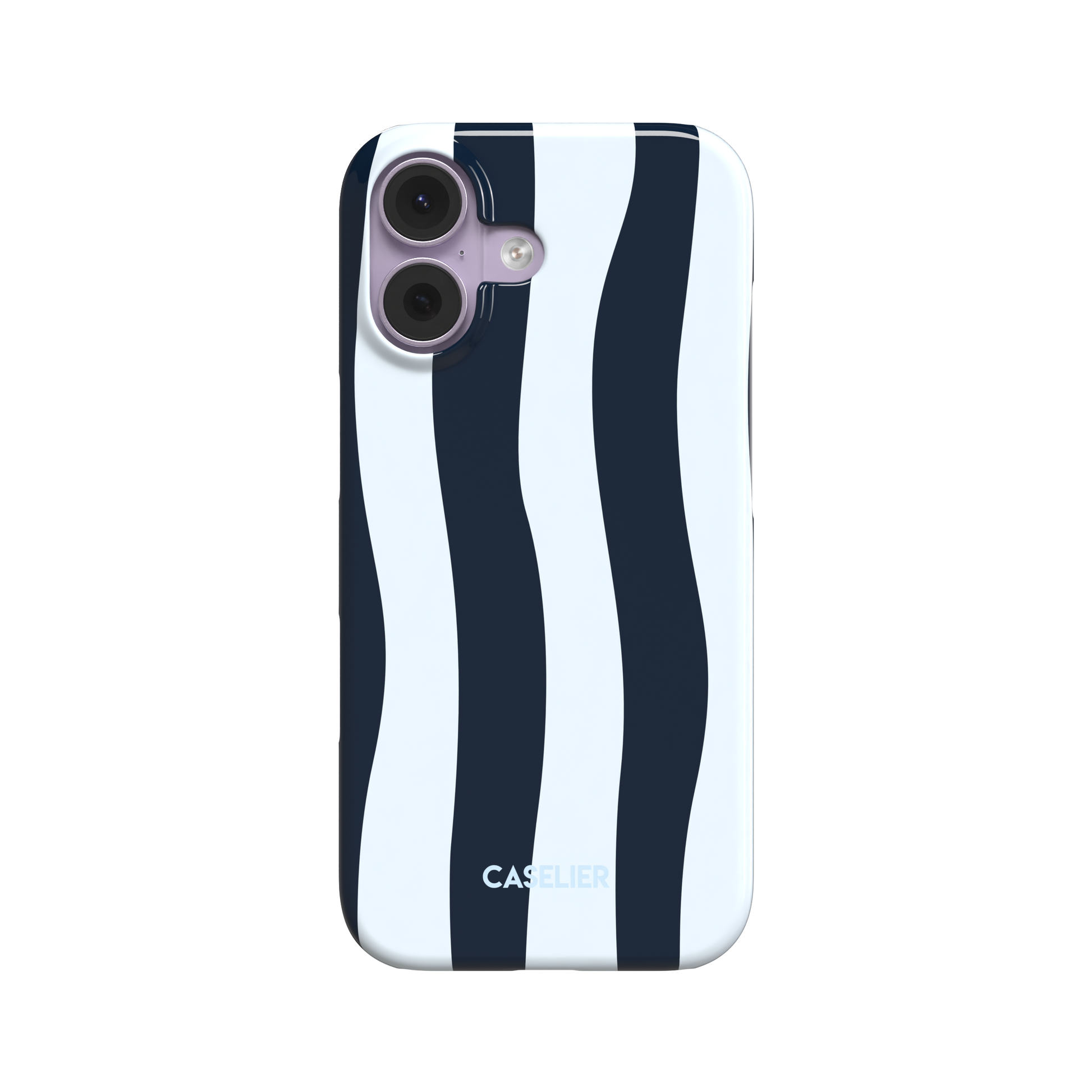 Sloppy Stripes snap phone case in navy and ice blue, featuring thick wavy vertical stripes across the full back panel, front-facing product shot on white background, phone case by Caselier - snap case, front view | Caselier