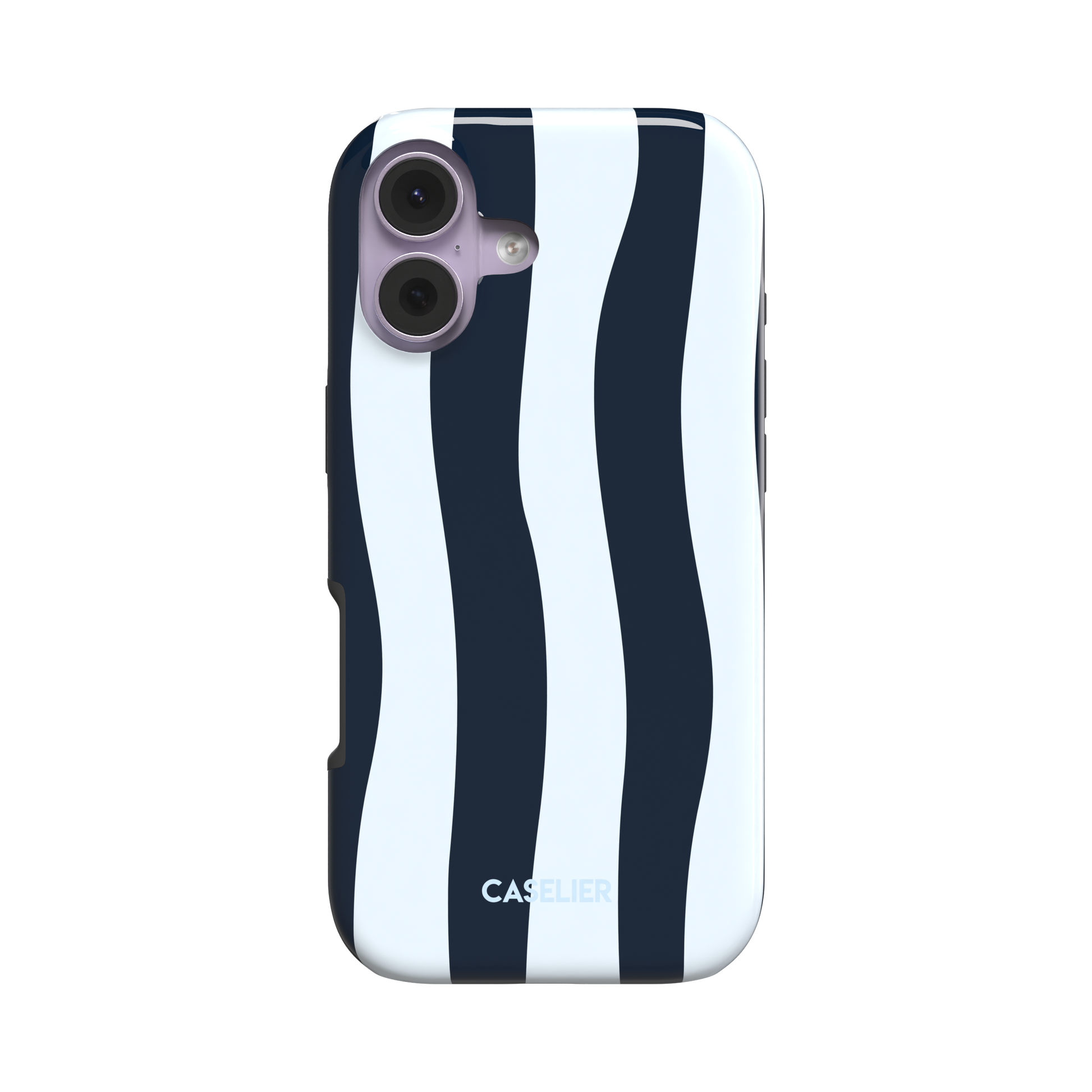 Sloppy Stripes snap phone case in navy and ice blue with wavy vertical stripe pattern, slight three-quarter angle showing case edges and side buttons, white background, phone case by Caselier - tough case, front view | Caselier