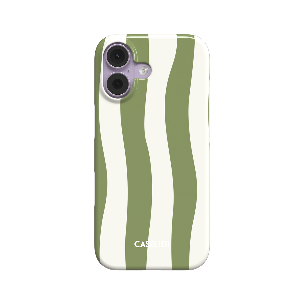 Sloppy Stripes snap phone case in sage green and cream, featuring thick wavy vertical stripes across the full back panel, front-facing product shot on white background, phone case by Caselier - snap case, front view | Caselier