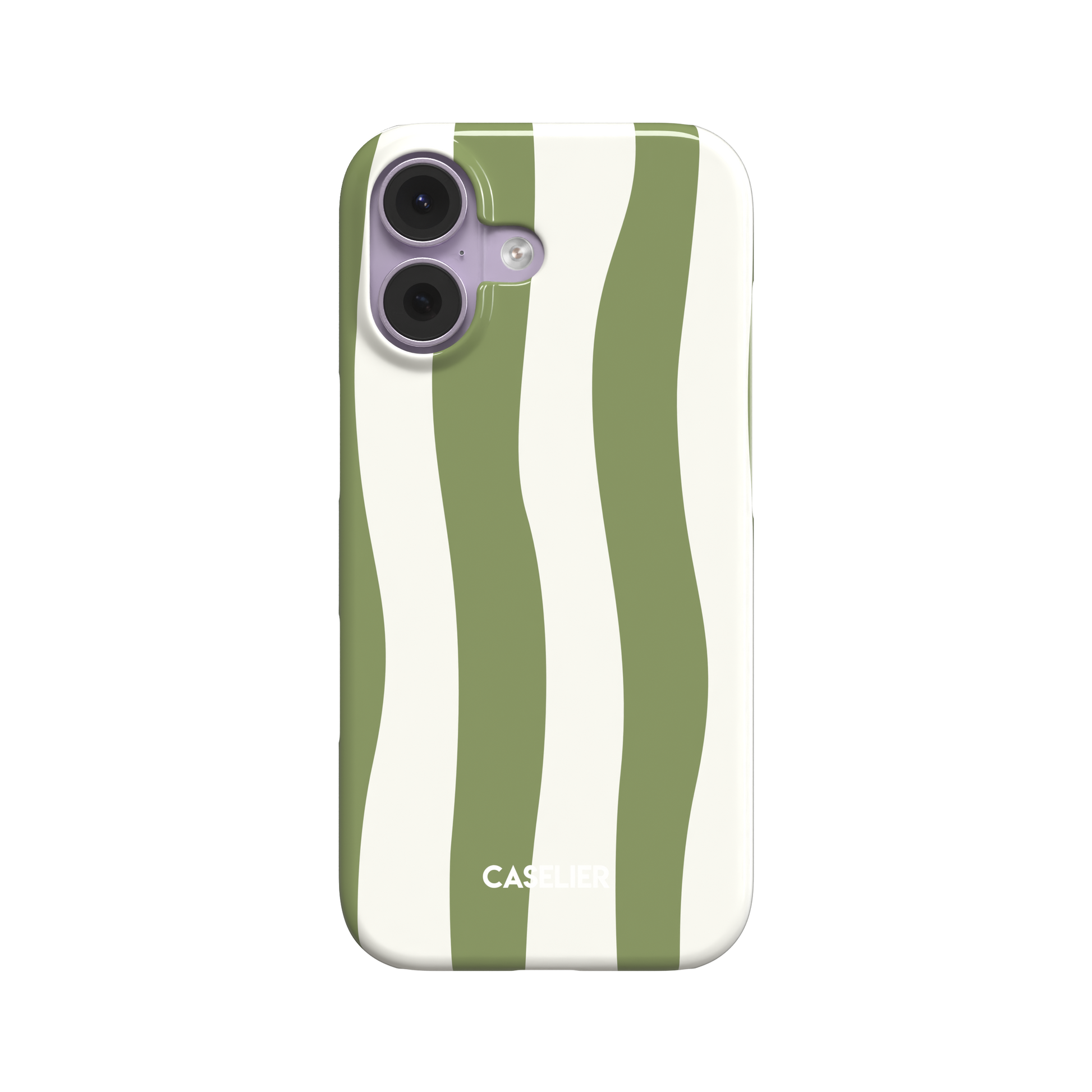 Sloppy Stripes snap phone case in sage green and cream, featuring thick wavy vertical stripes across the full back panel, front-facing product shot on white background, phone case by Caselier - snap case, front view | Caselier