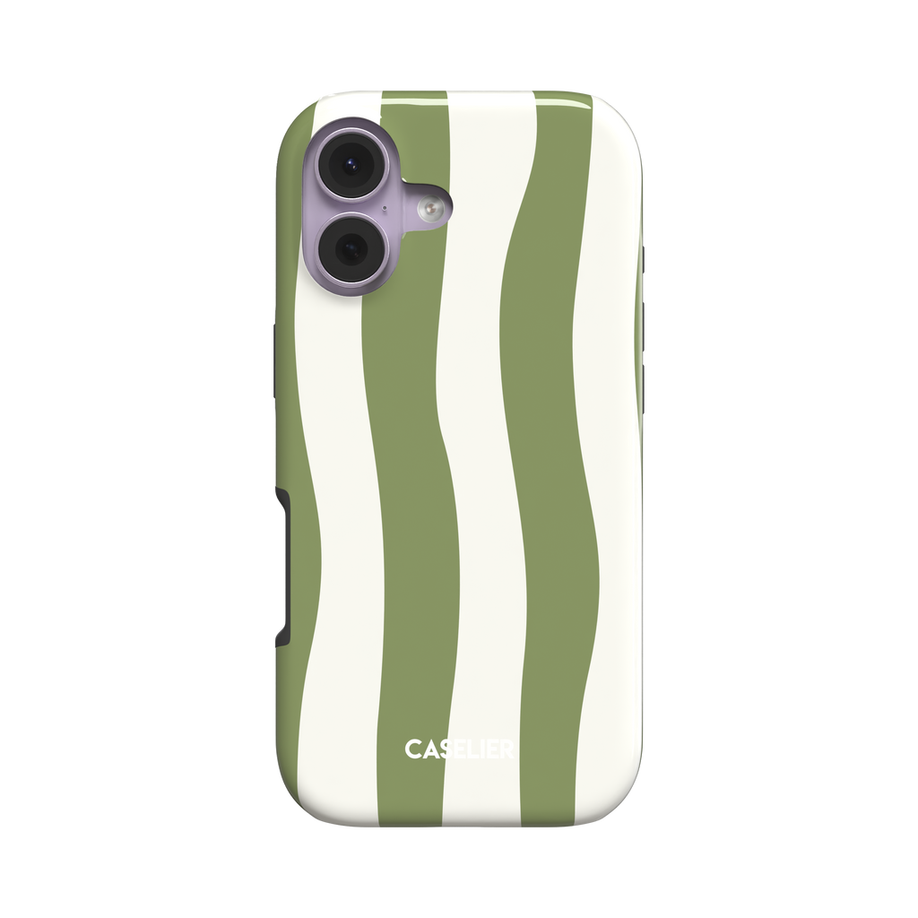 Sloppy Stripes snap phone case in sage green and cream with wavy vertical stripe pattern, slight three-quarter angle showing case edges and side buttons, white background, phone case by Caselier - tough case, front view | Caselier