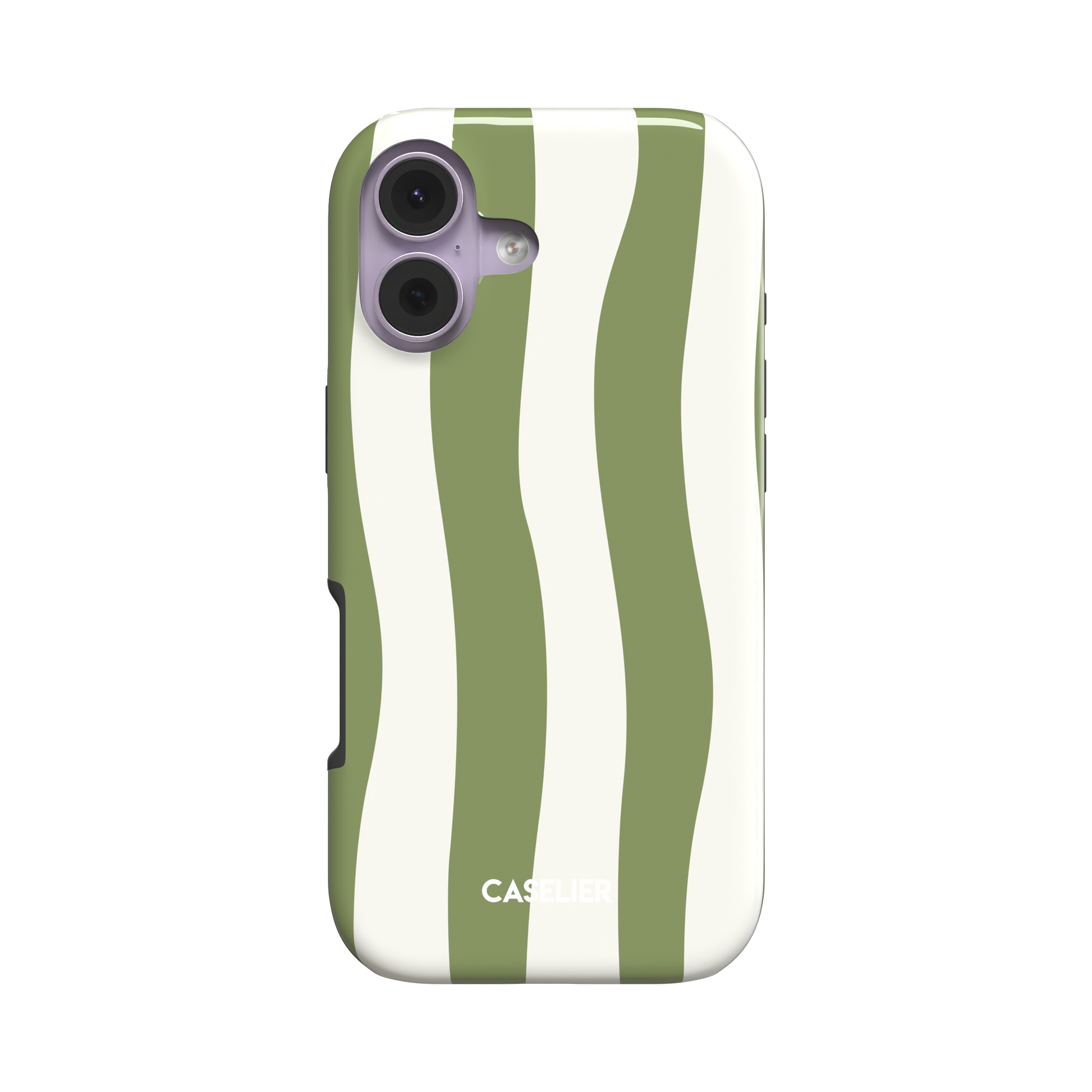 Sloppy Stripes snap phone case in sage green and cream with wavy vertical stripe pattern, slight three-quarter angle showing case edges and side buttons, white background, phone case by Caselier - tough case, front view | Caselier