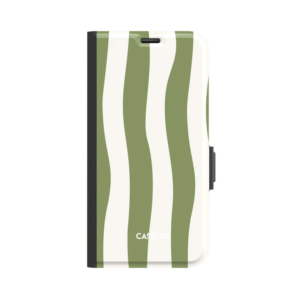 Sloppy Stripes folio wallet case in sage green and cream wavy stripe design, front cover closed showing full stripe pattern with black spine and clasp, white background, phone case by Caselier - wallet case, front view | Caselier