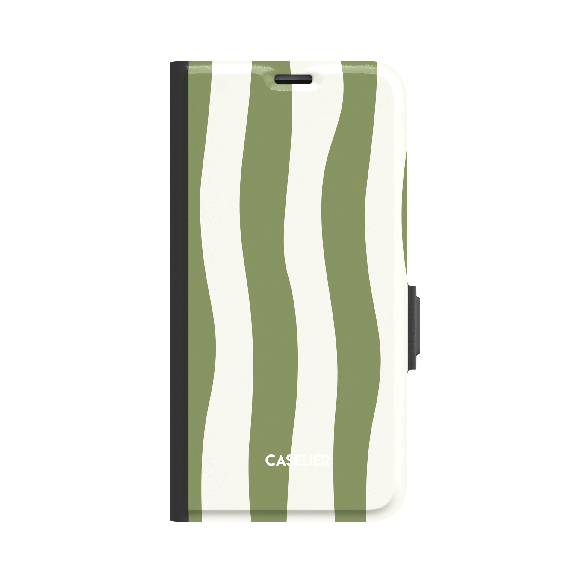 Sloppy Stripes folio wallet case in sage green and cream wavy stripe design, front cover closed showing full stripe pattern with black spine and clasp, white background, phone case by Caselier - wallet case, front view | Caselier