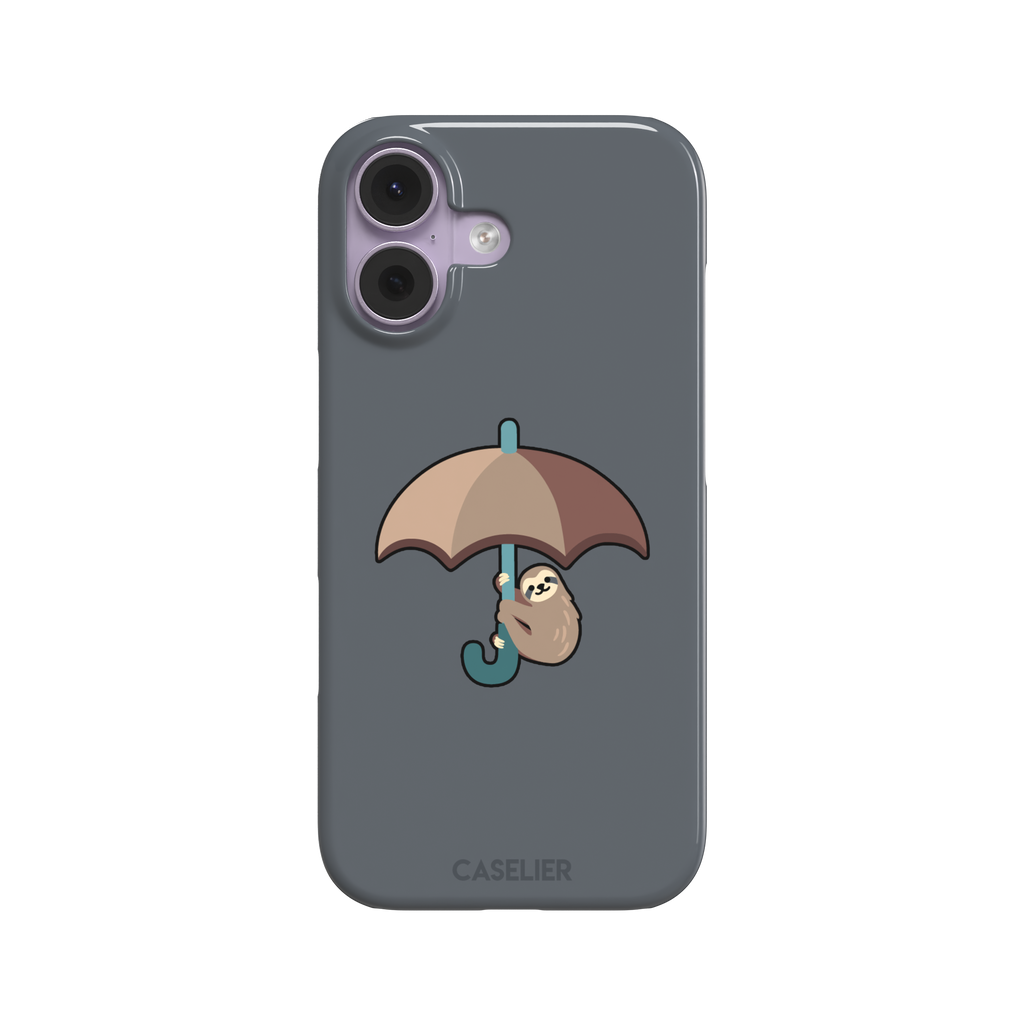 Grey phone case featuring a cute cartoon sloth hanging from a brown and beige umbrella with a teal handle, phone case by Caselier — snap case, front view