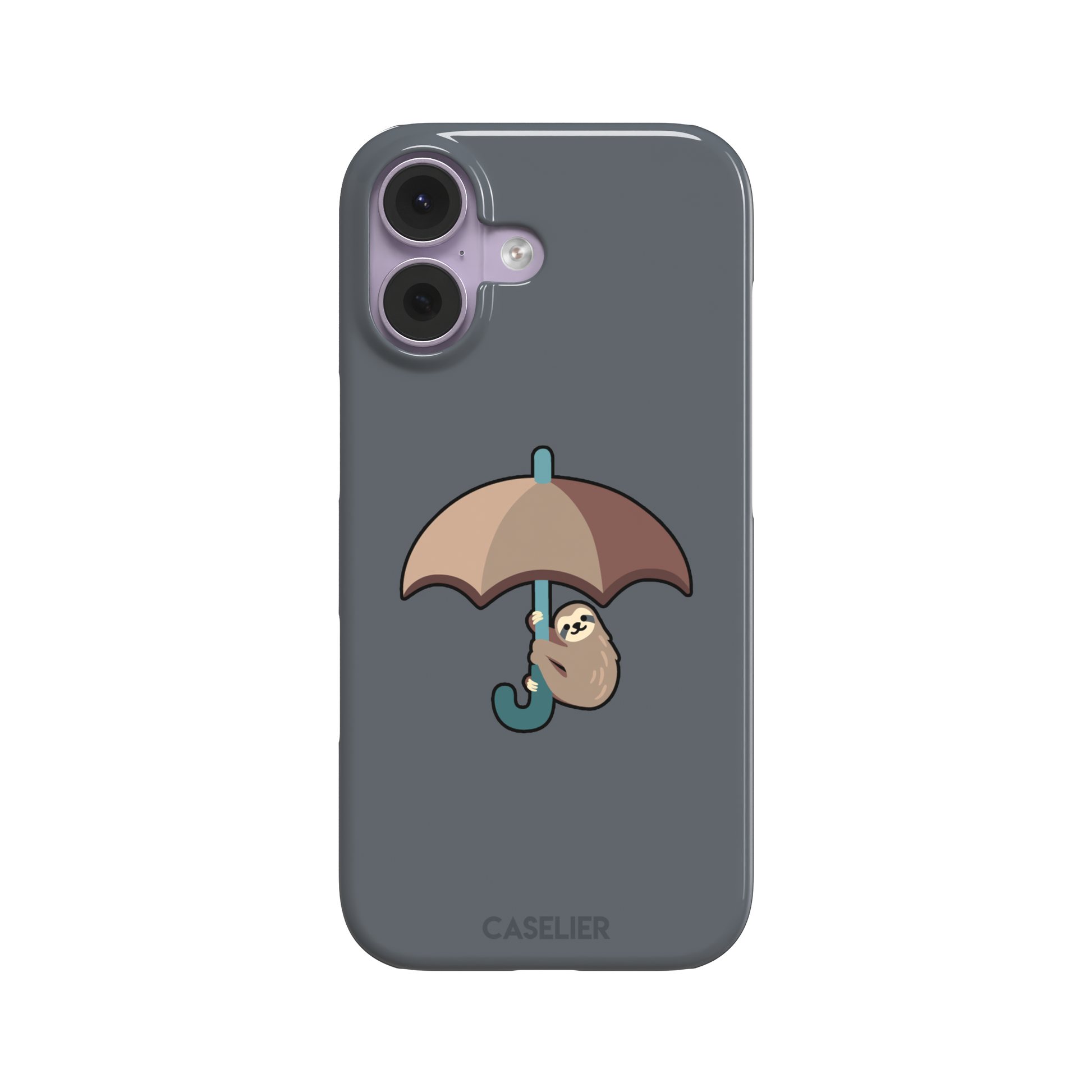 Grey phone case featuring a cute cartoon sloth hanging from a brown and beige umbrella with a teal handle, phone case by Caselier — snap case, front view