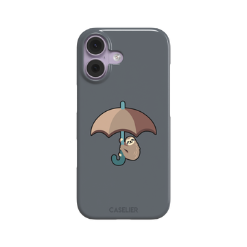 Grey phone case featuring a cute cartoon sloth hanging from a brown and beige umbrella with a teal handle, phone case by Caselier — snap case, front view