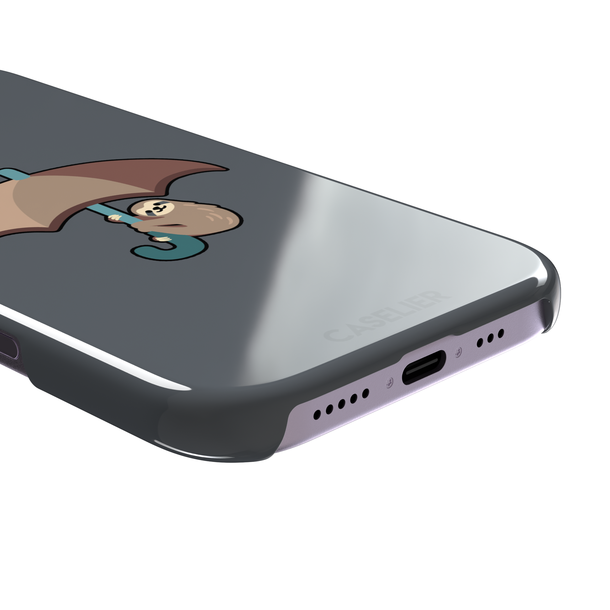 Grey phone case featuring a cute cartoon sloth hanging from a brown and beige umbrella with a teal handle, phone case by Caselier — snap case, charging port detail