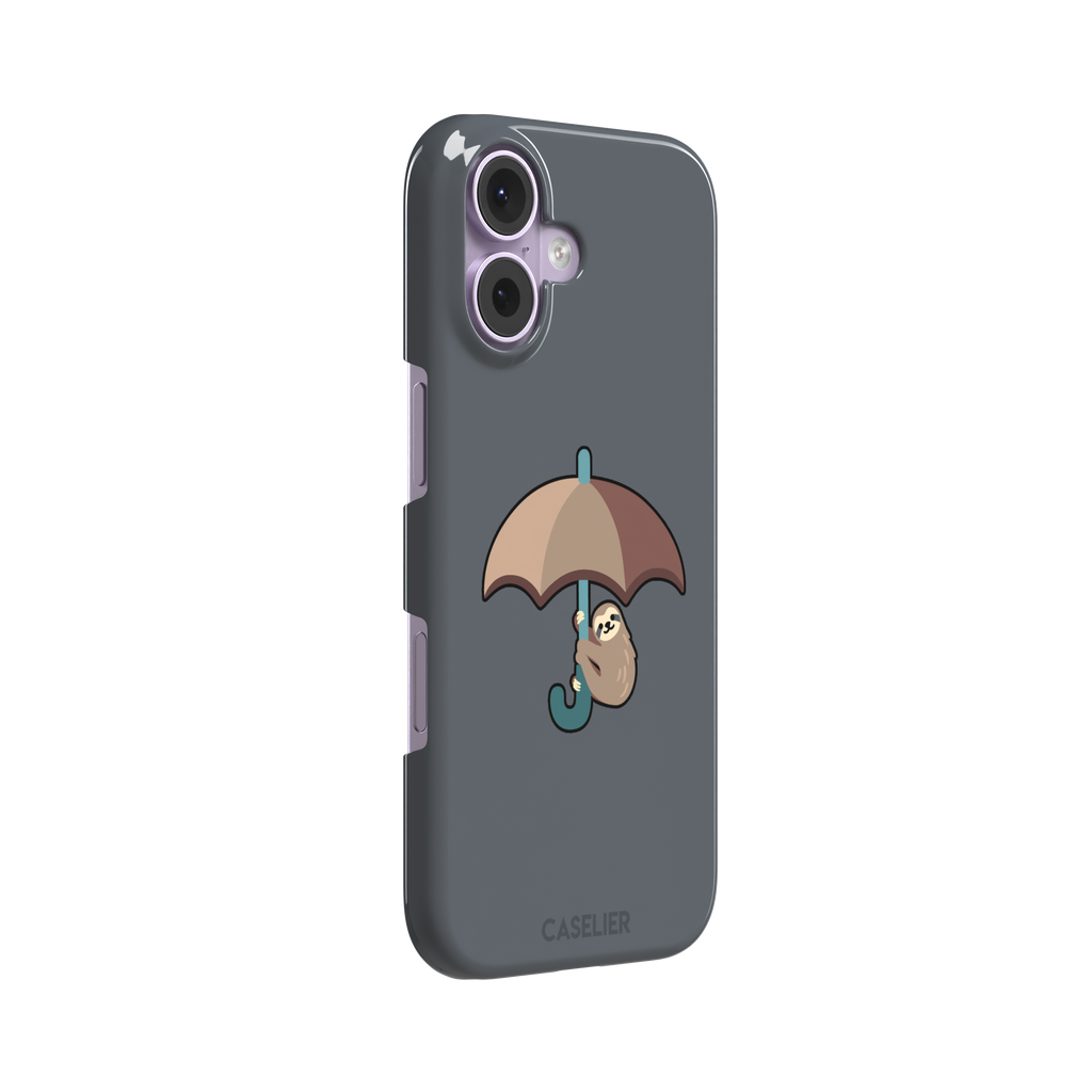 Grey phone case featuring a cute cartoon sloth hanging from a brown and beige umbrella with a teal handle, phone case by Caselier — snap case, left view