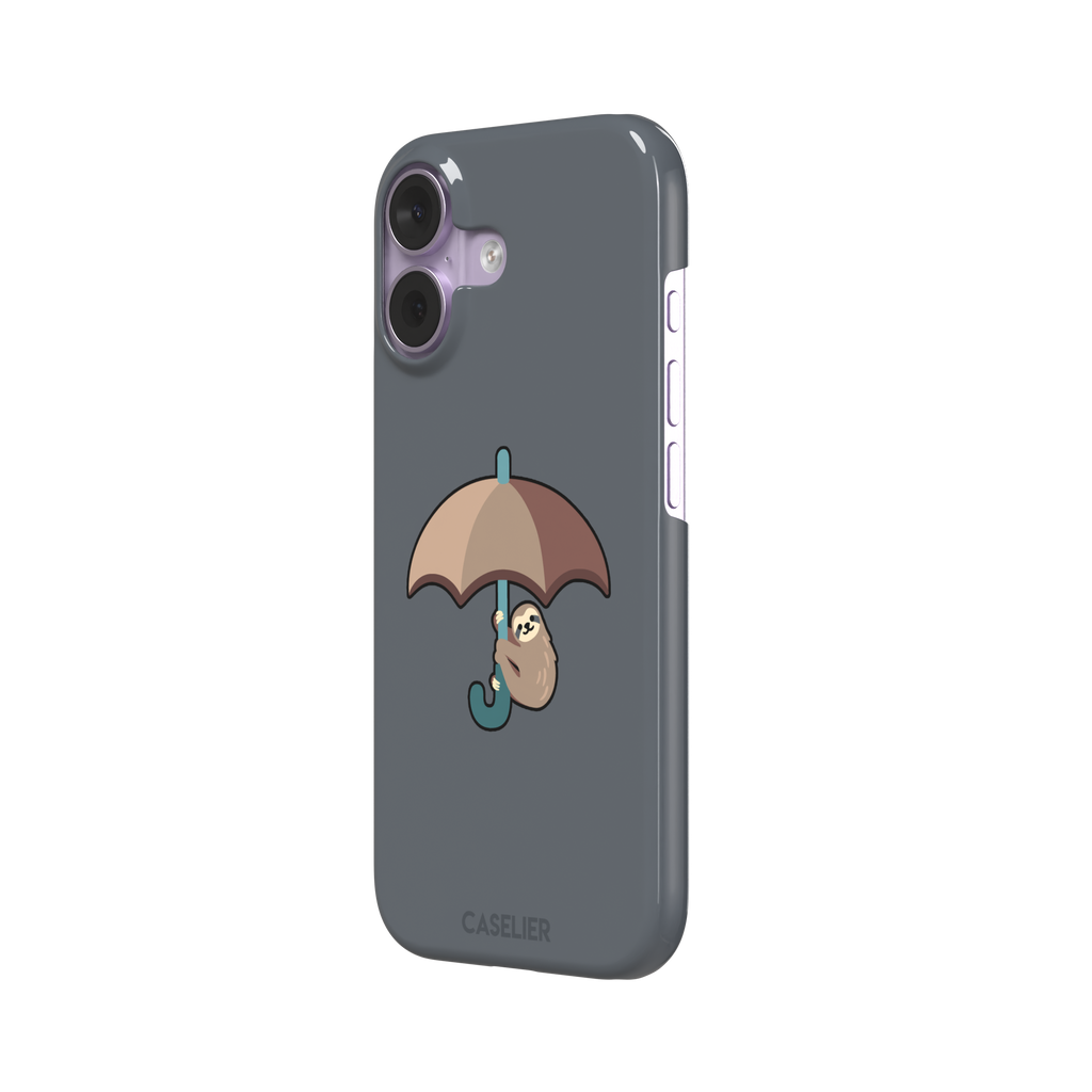 Grey phone case featuring a cute cartoon sloth hanging from a brown and beige umbrella with a teal handle, phone case by Caselier — snap case, right view