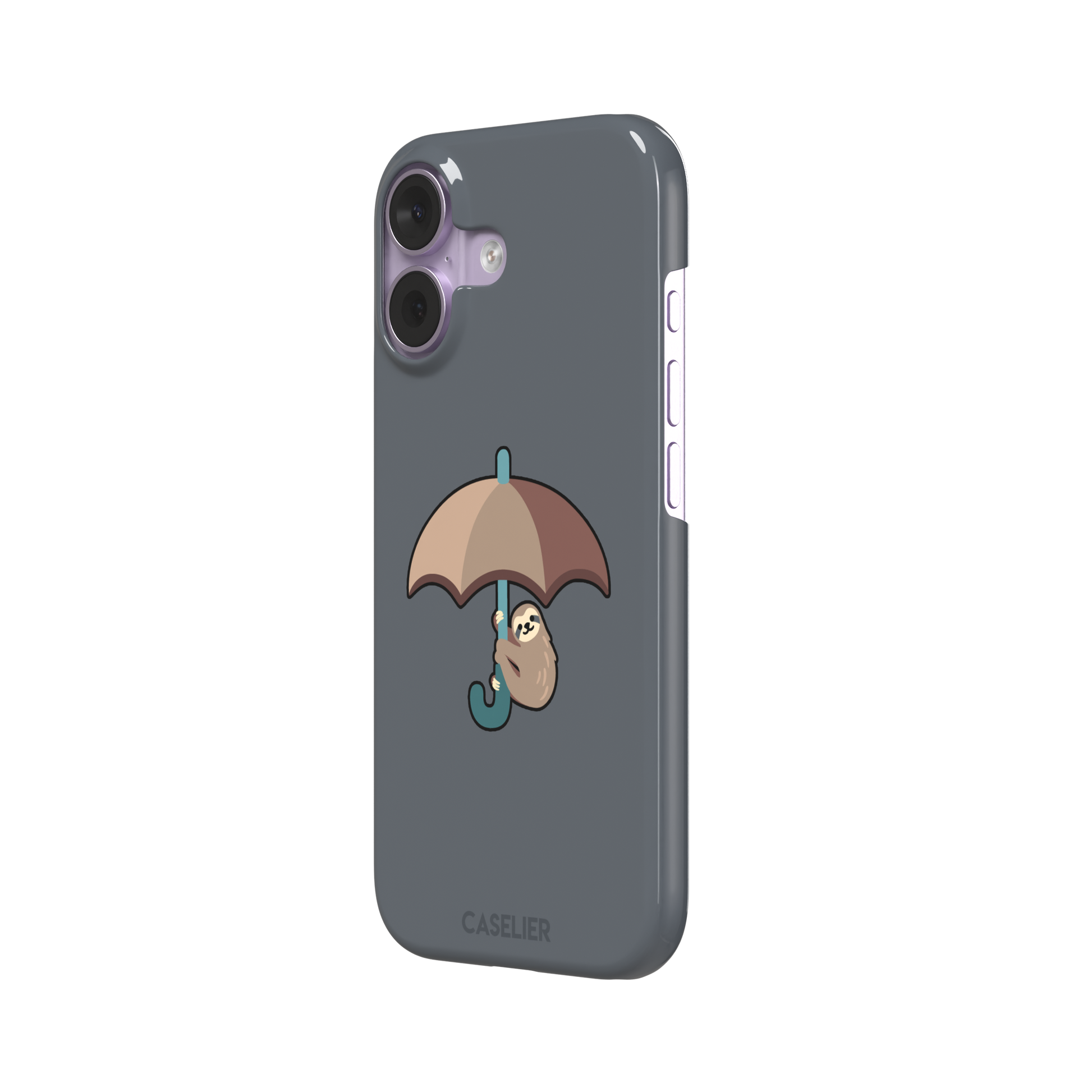 Grey phone case featuring a cute cartoon sloth hanging from a brown and beige umbrella with a teal handle, phone case by Caselier — snap case, right view