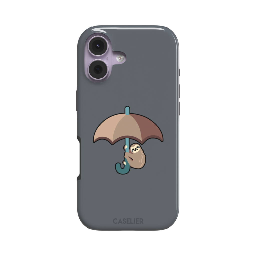Grey phone case featuring a cute cartoon sloth hanging from a brown and beige umbrella with a teal handle, phone case by Caselier — tough case, front view