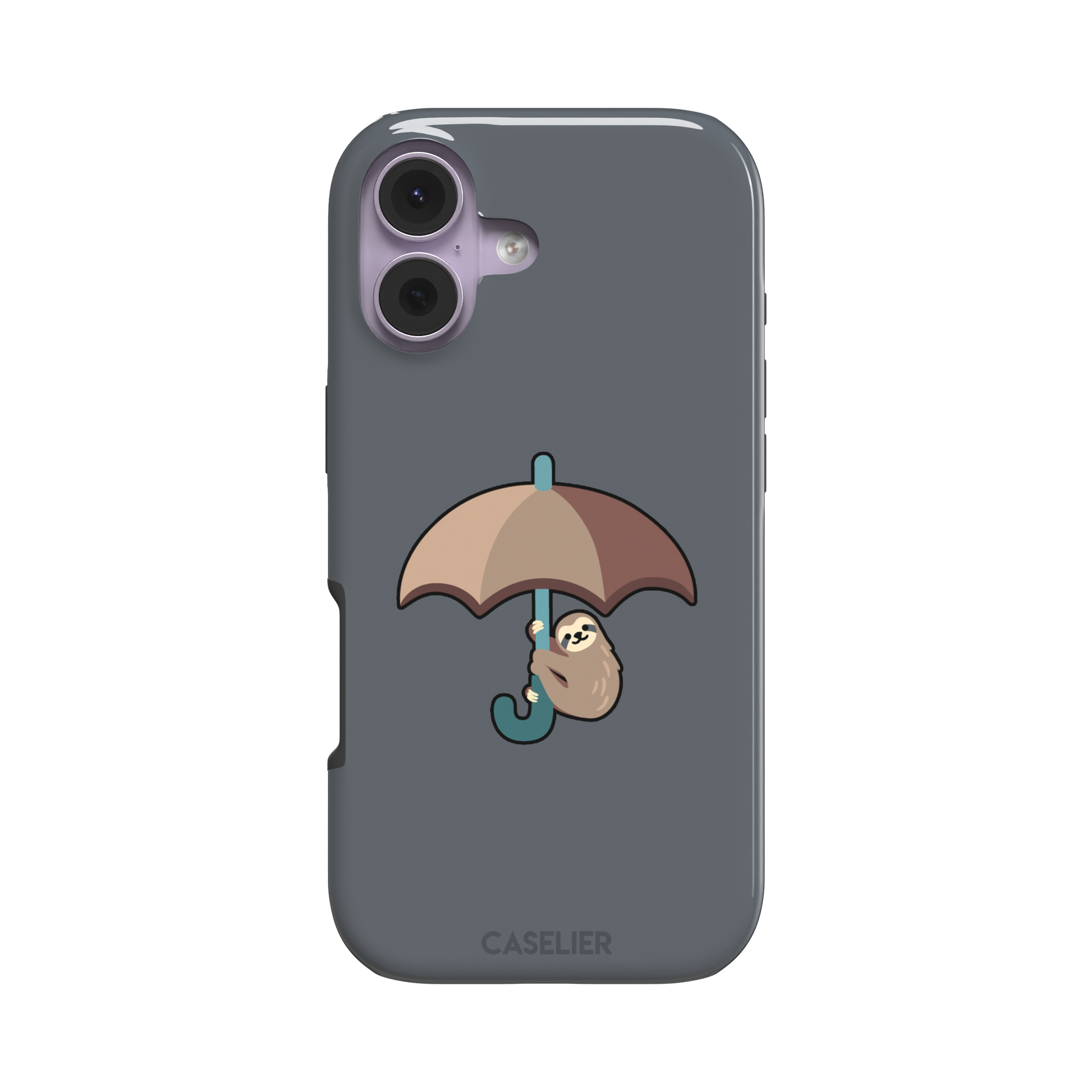 Grey phone case featuring a cute cartoon sloth hanging from a brown and beige umbrella with a teal handle, phone case by Caselier — tough case, front view