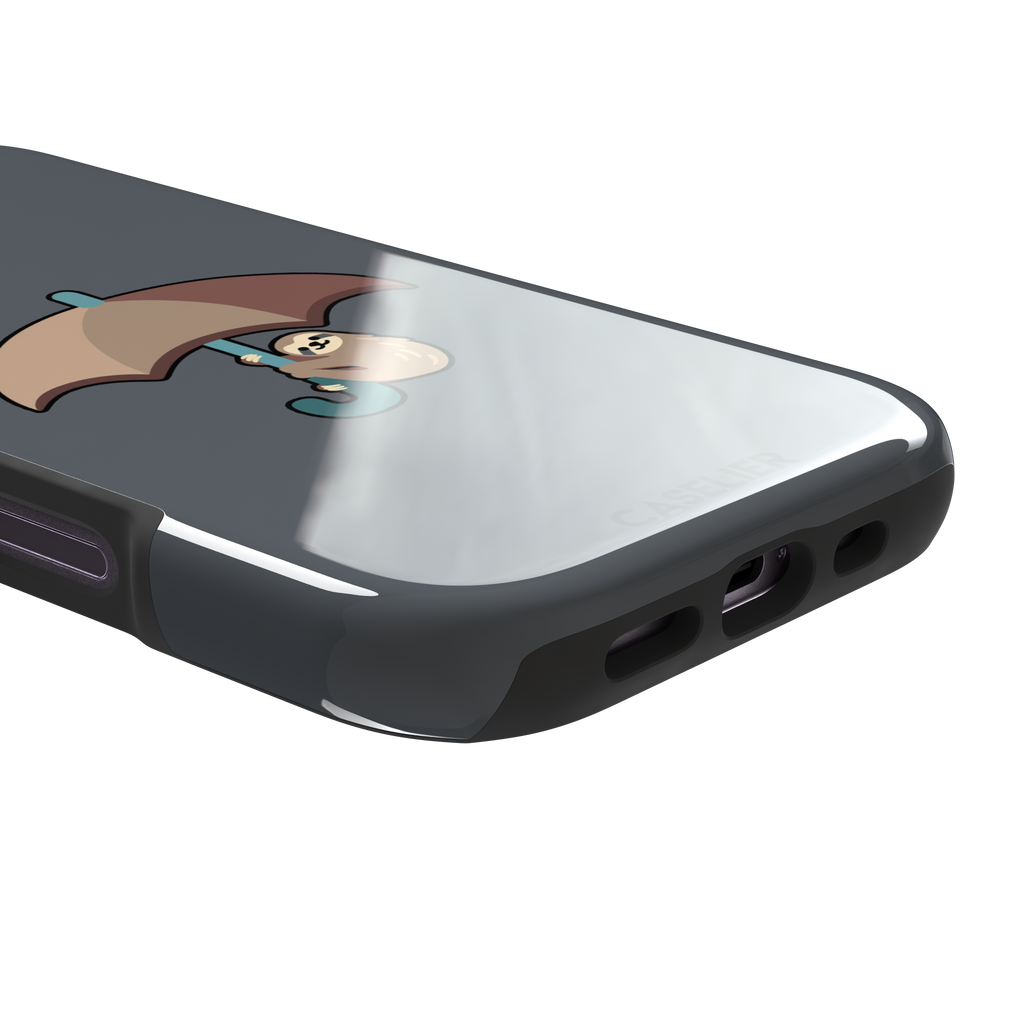 Grey phone case featuring a cute cartoon sloth hanging from a brown and beige umbrella with a teal handle, phone case by Caselier — tough case, charging port detail