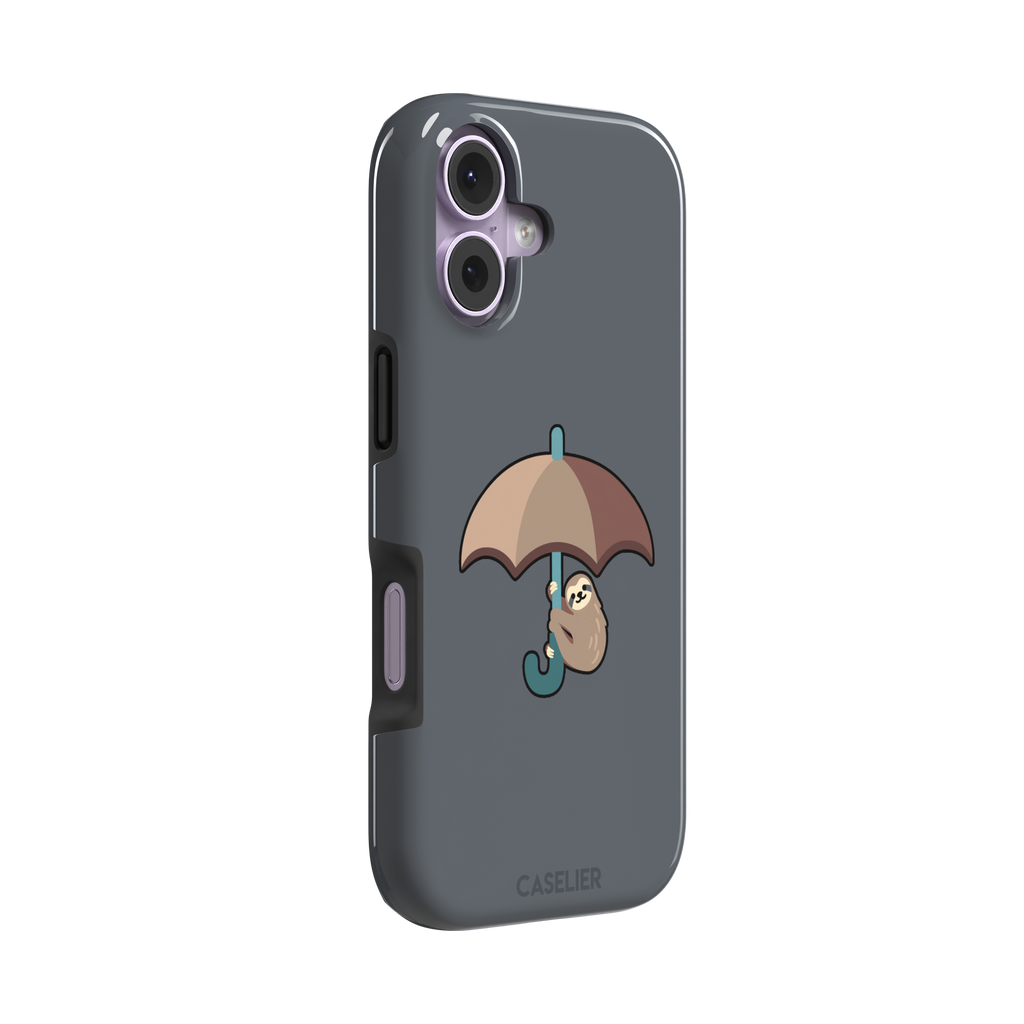Grey phone case featuring a cute cartoon sloth hanging from a brown and beige umbrella with a teal handle, phone case by Caselier — tough case, left view