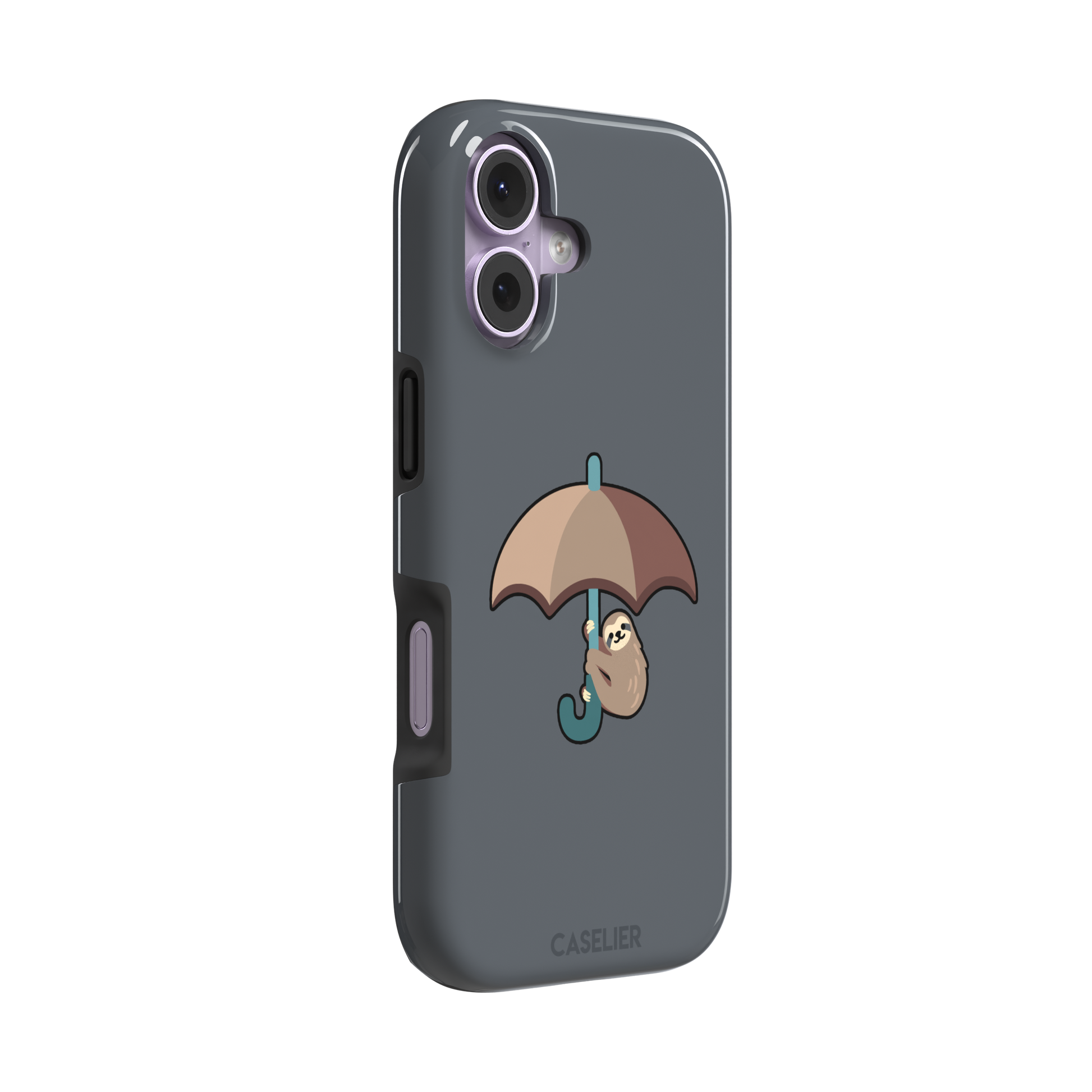 Grey phone case featuring a cute cartoon sloth hanging from a brown and beige umbrella with a teal handle, phone case by Caselier — tough case, left view
