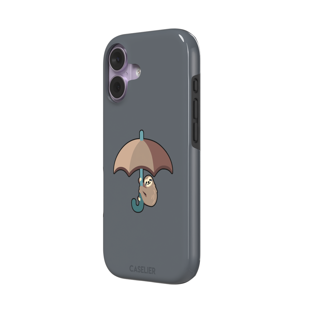 Grey phone case featuring a cute cartoon sloth hanging from a brown and beige umbrella with a teal handle, phone case by Caselier — tough case, right view