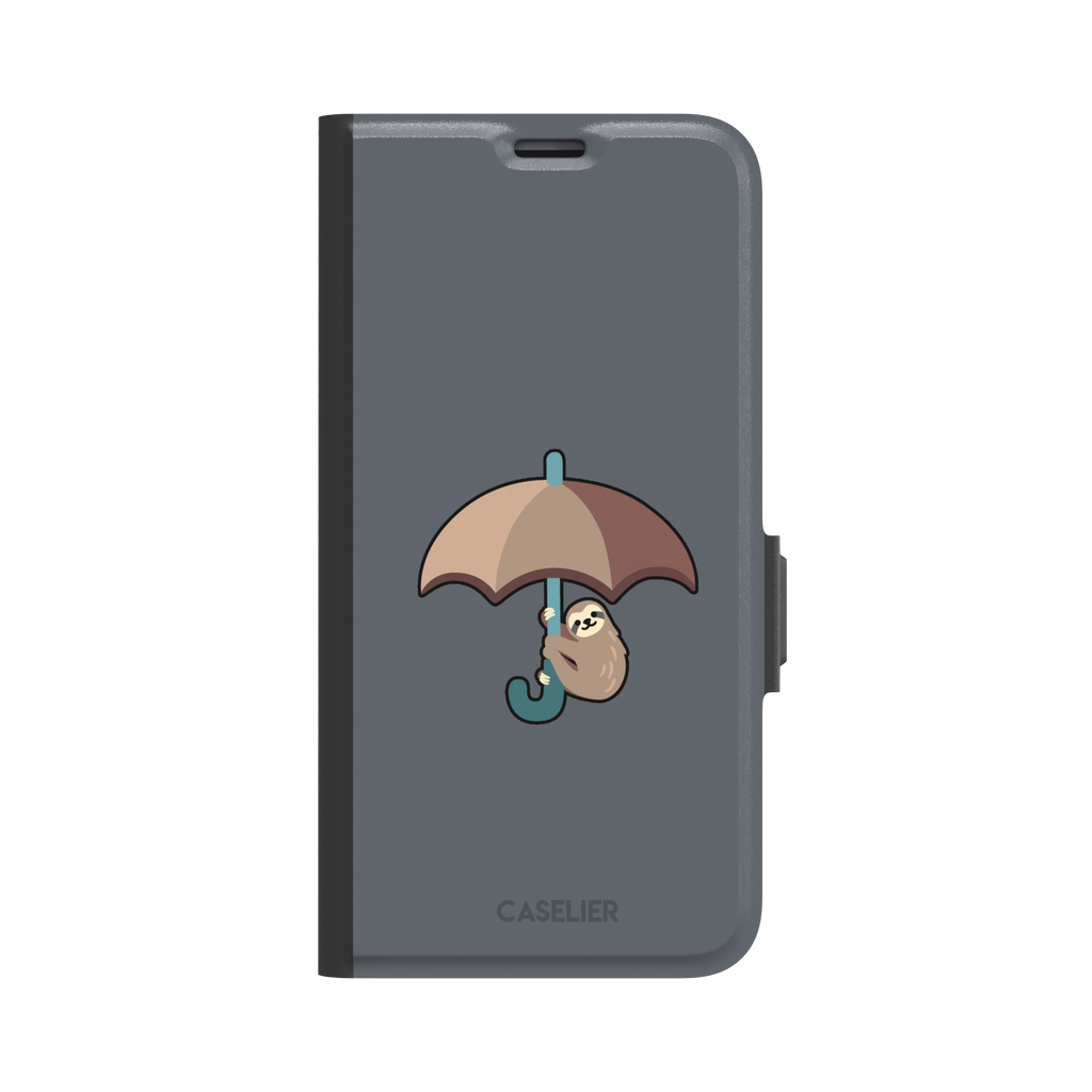 Grey phone case featuring a cute cartoon sloth hanging from a brown and beige umbrella with a teal handle, phone case by Caselier — wallet case, front view
