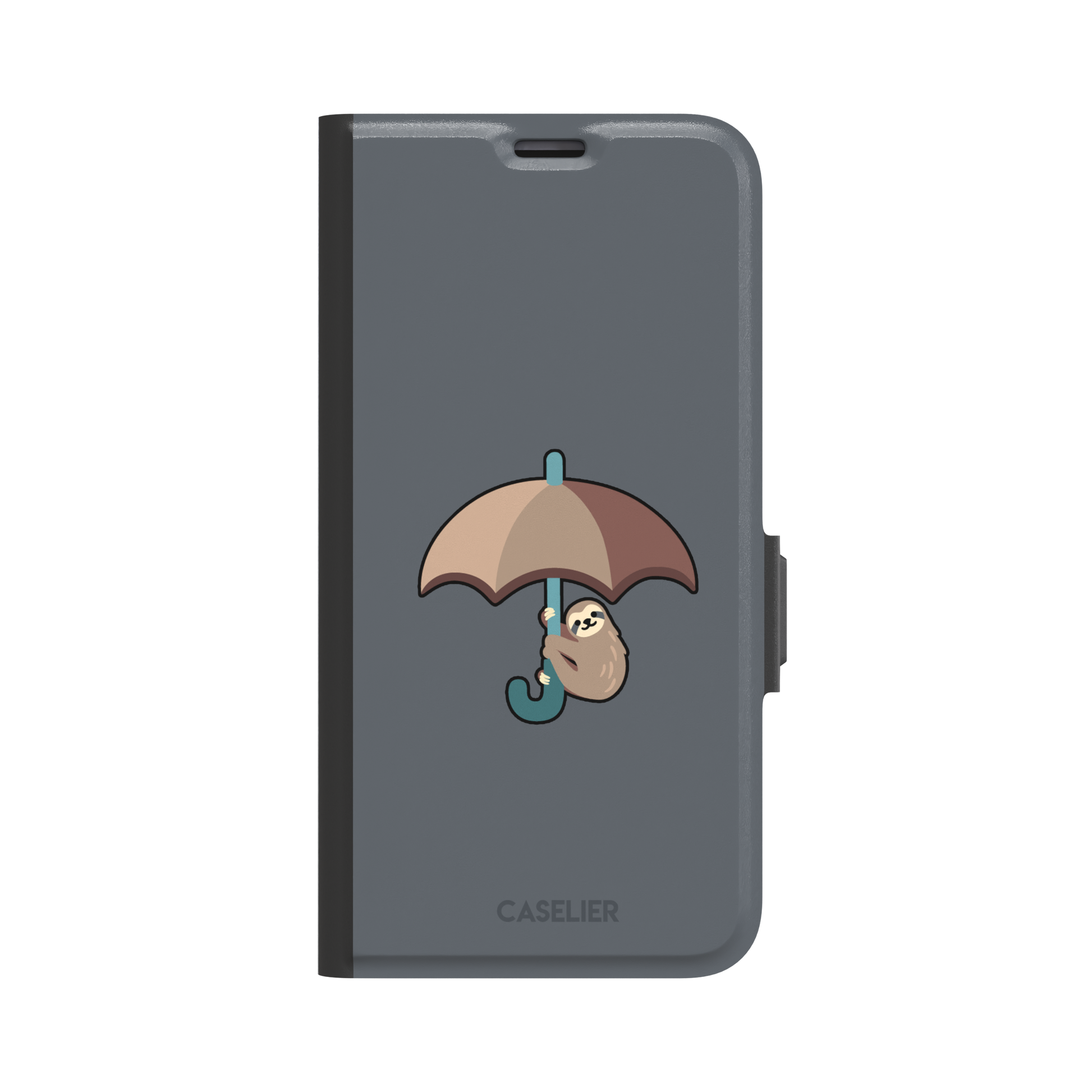 Grey phone case featuring a cute cartoon sloth hanging from a brown and beige umbrella with a teal handle, phone case by Caselier — wallet case, front view
