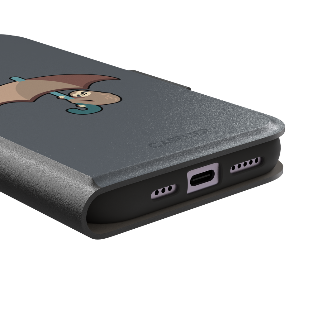 Grey phone case featuring a cute cartoon sloth hanging from a brown and beige umbrella with a teal handle, phone case by Caselier — wallet case, charging port detail