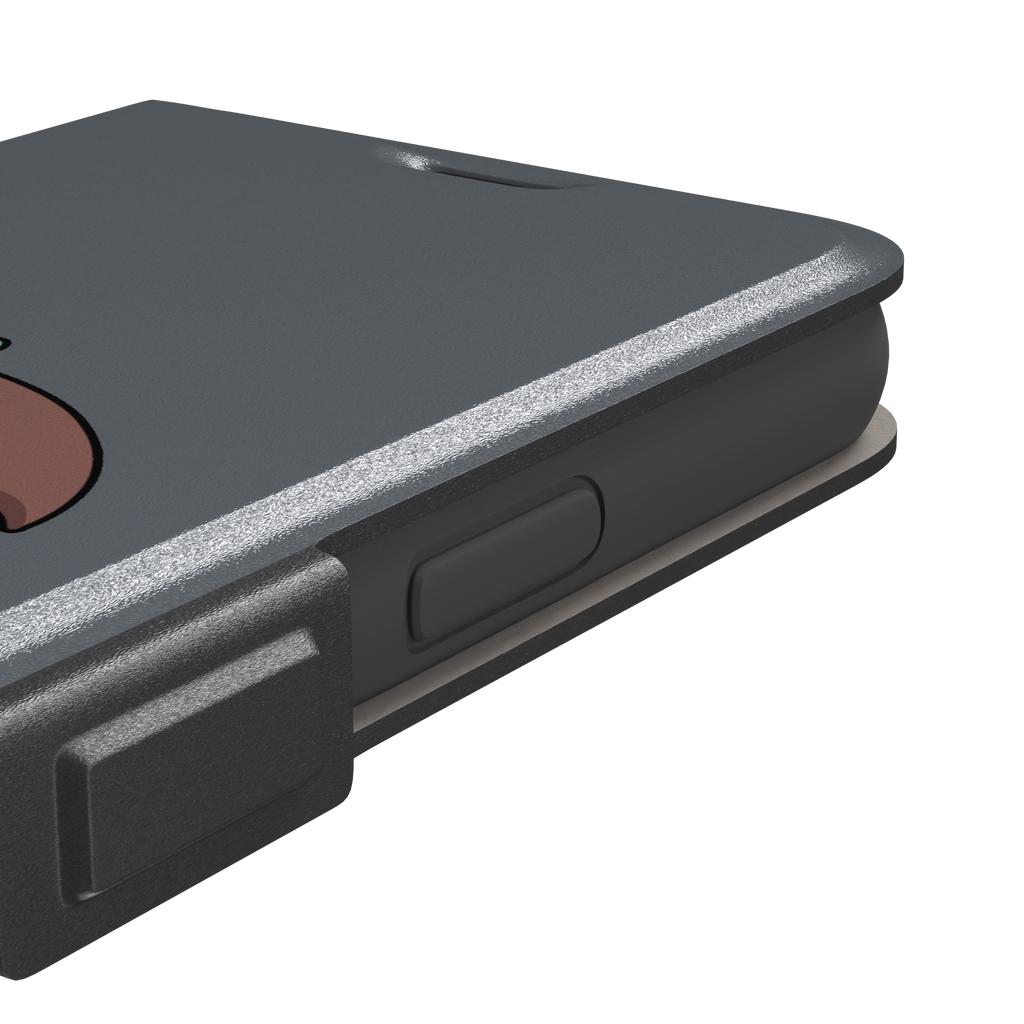 Grey phone case featuring a cute cartoon sloth hanging from a brown and beige umbrella with a teal handle, phone case by Caselier — wallet case, volume buttons detail