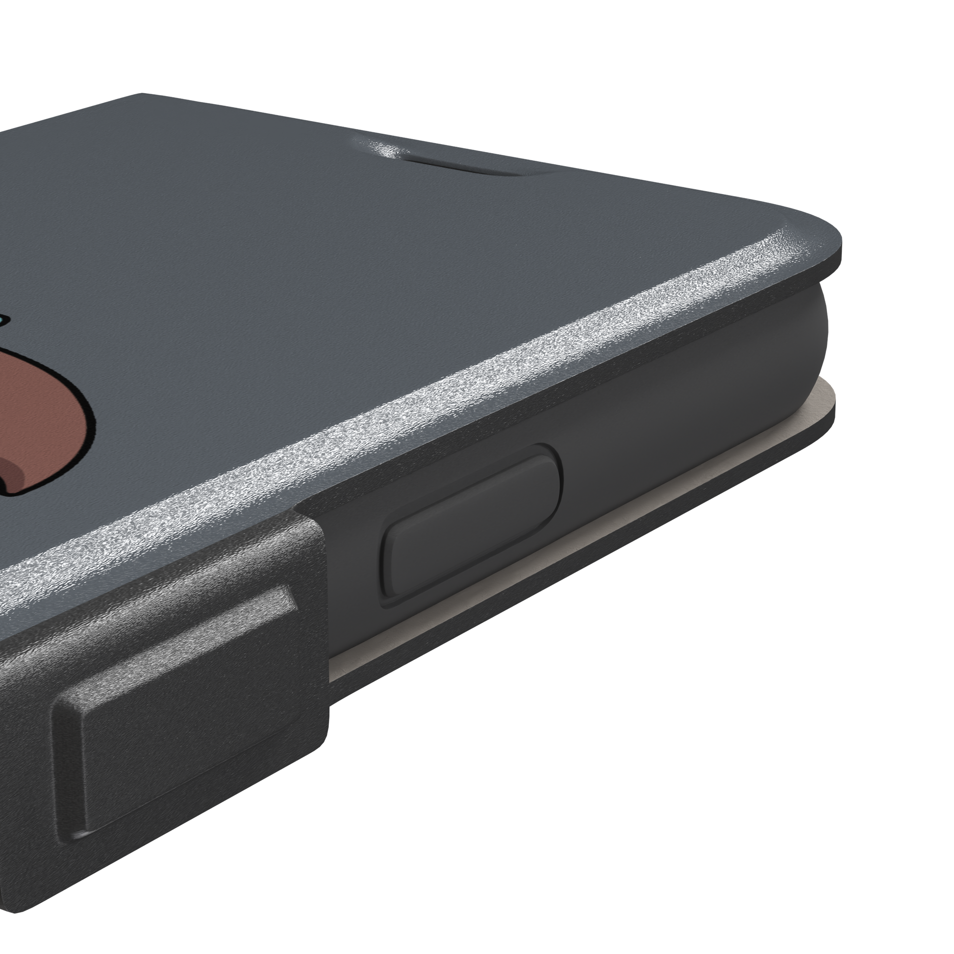 Grey phone case featuring a cute cartoon sloth hanging from a brown and beige umbrella with a teal handle, phone case by Caselier — wallet case, volume buttons detail