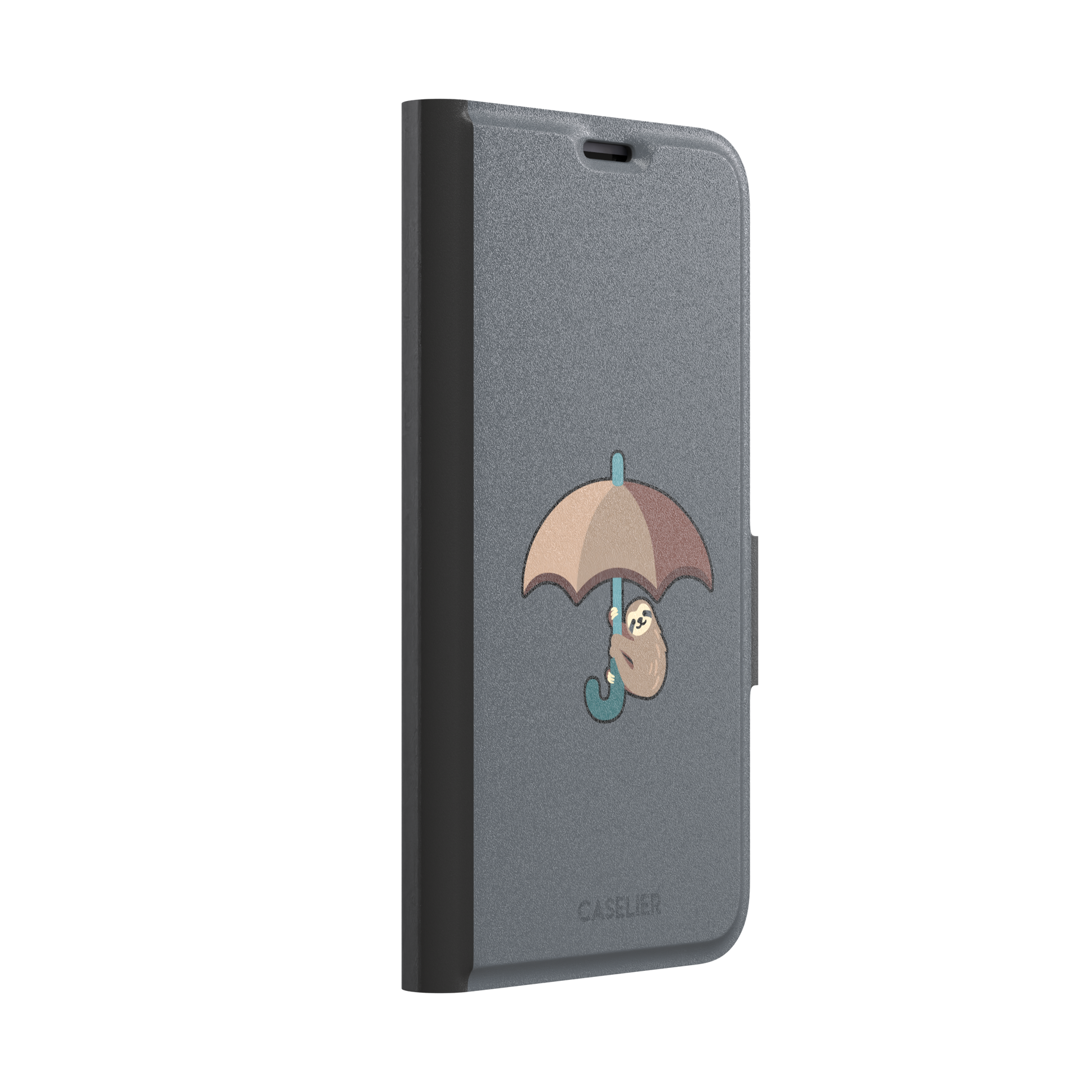Grey phone case featuring a cute cartoon sloth hanging from a brown and beige umbrella with a teal handle, phone case by Caselier — wallet case, left view