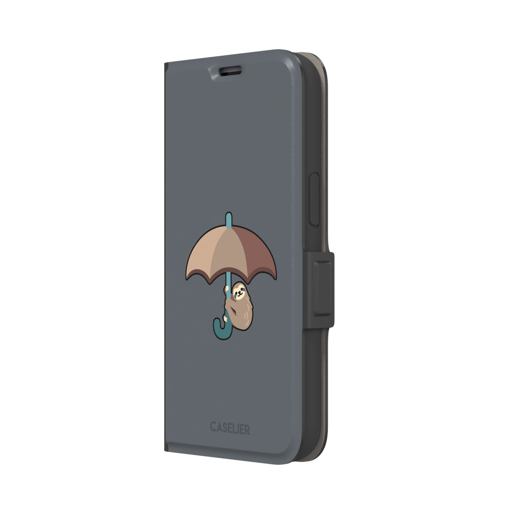 Grey phone case featuring a cute cartoon sloth hanging from a brown and beige umbrella with a teal handle, phone case by Caselier — wallet case, right view