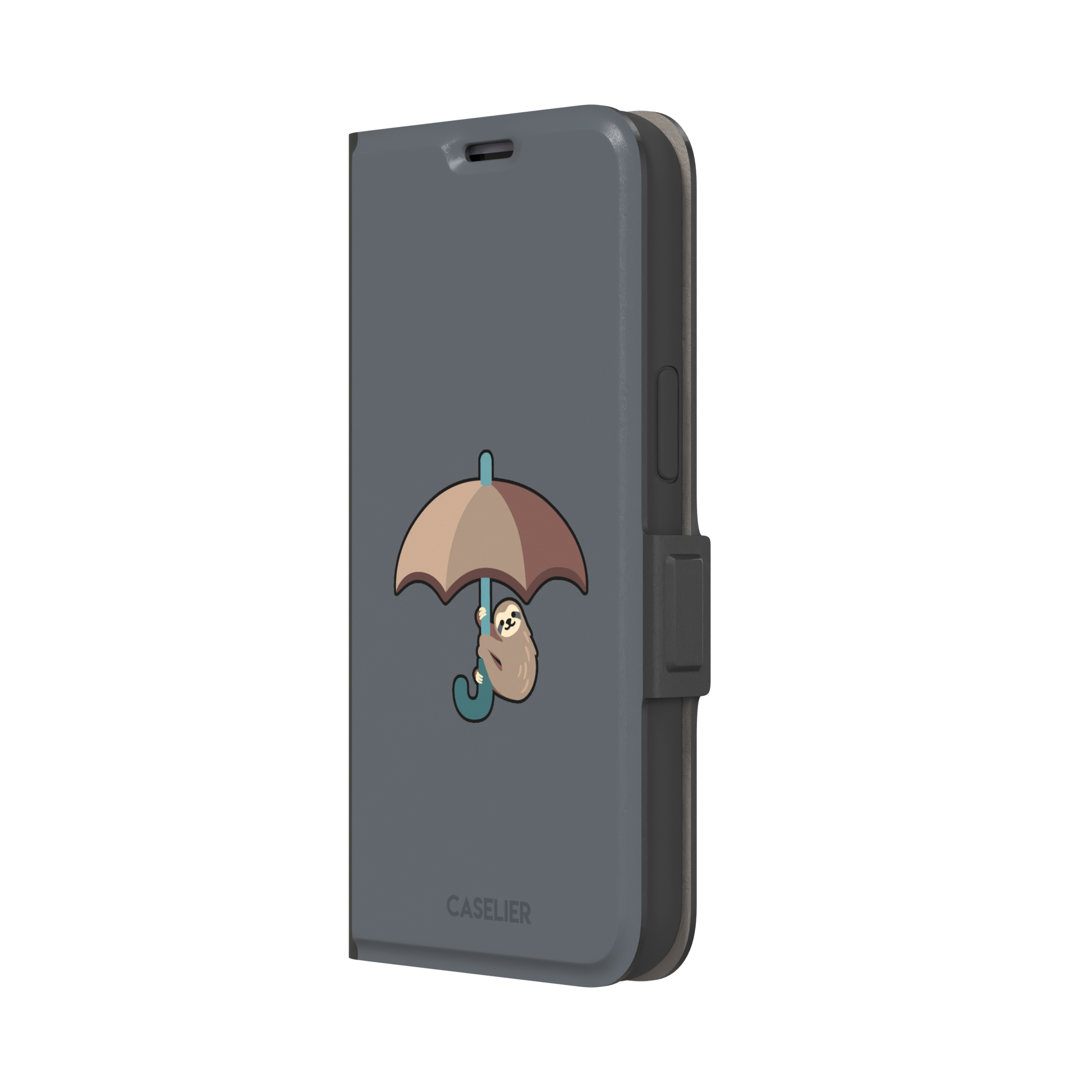 Grey phone case featuring a cute cartoon sloth hanging from a brown and beige umbrella with a teal handle, phone case by Caselier — wallet case, right view