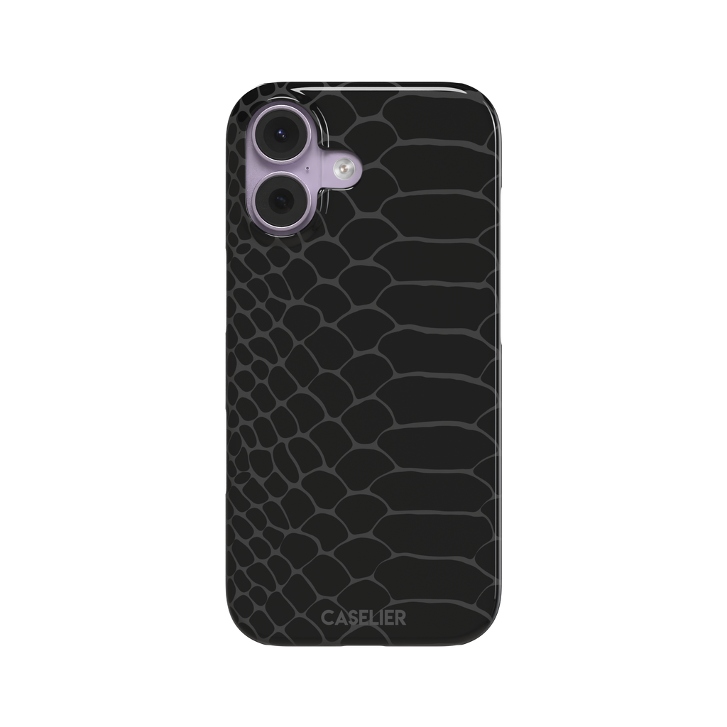 All-black snakeskin print phone case with dark charcoal scale outlines for a sleek monochrome look, phone case by Caselier — snap case, front view