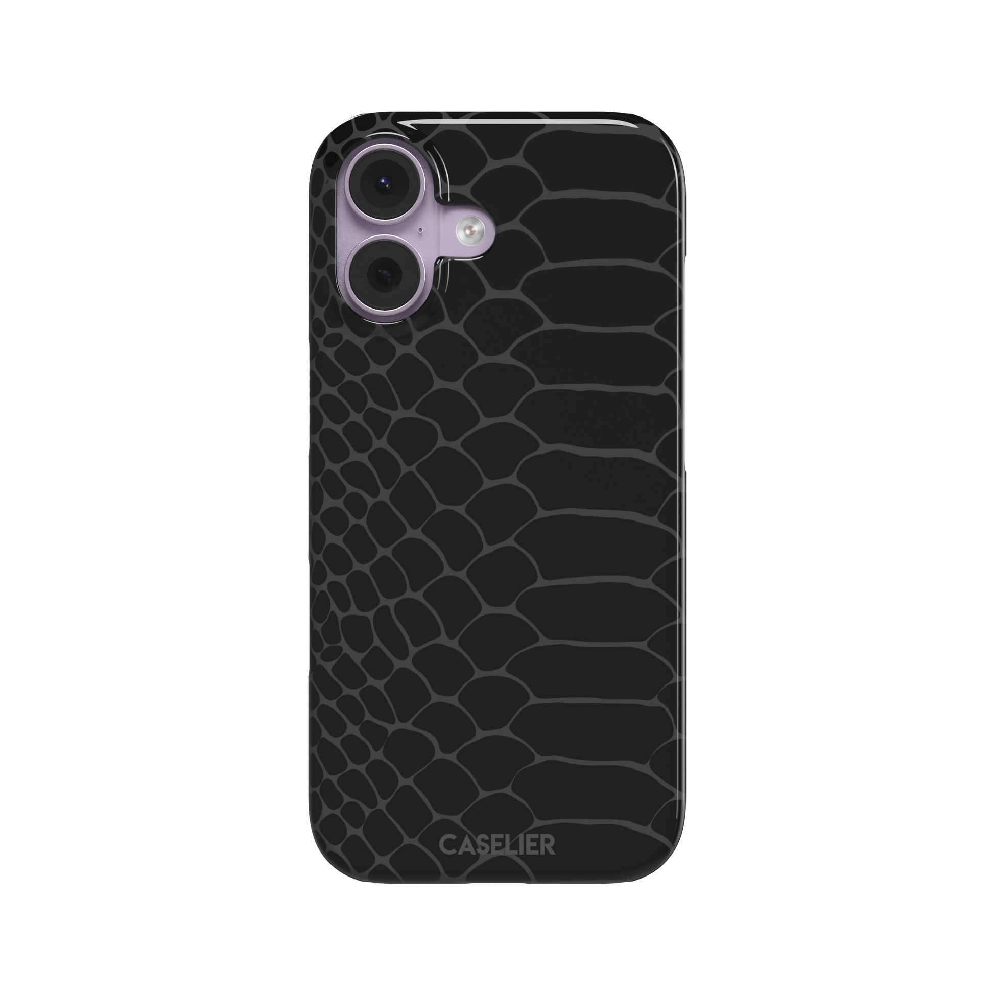 All-black snakeskin print phone case with dark charcoal scale outlines for a sleek monochrome look, phone case by Caselier — snap case, front view