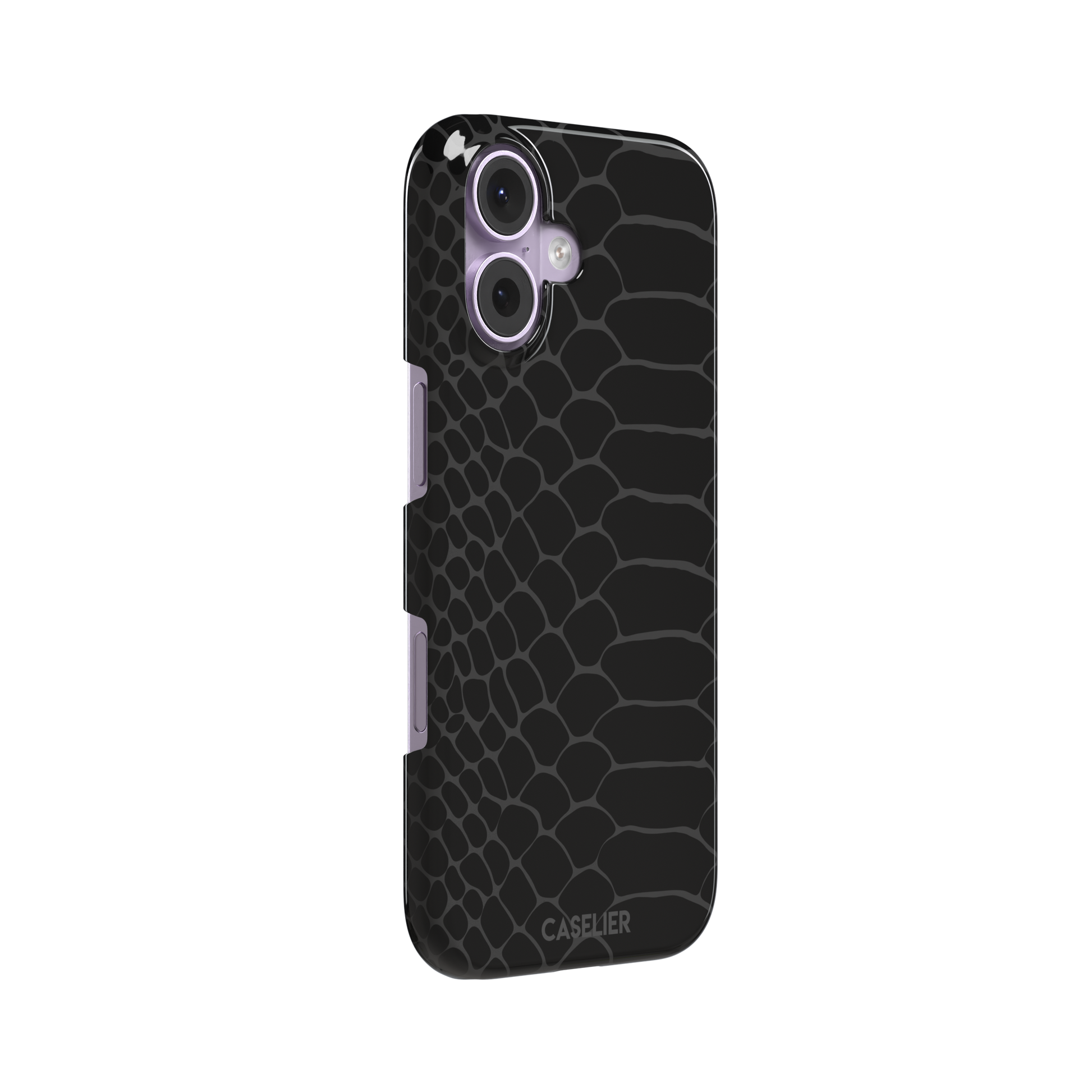 All-black snakeskin print phone case with dark charcoal scale outlines for a sleek monochrome look, phone case by Caselier — snap case, left view