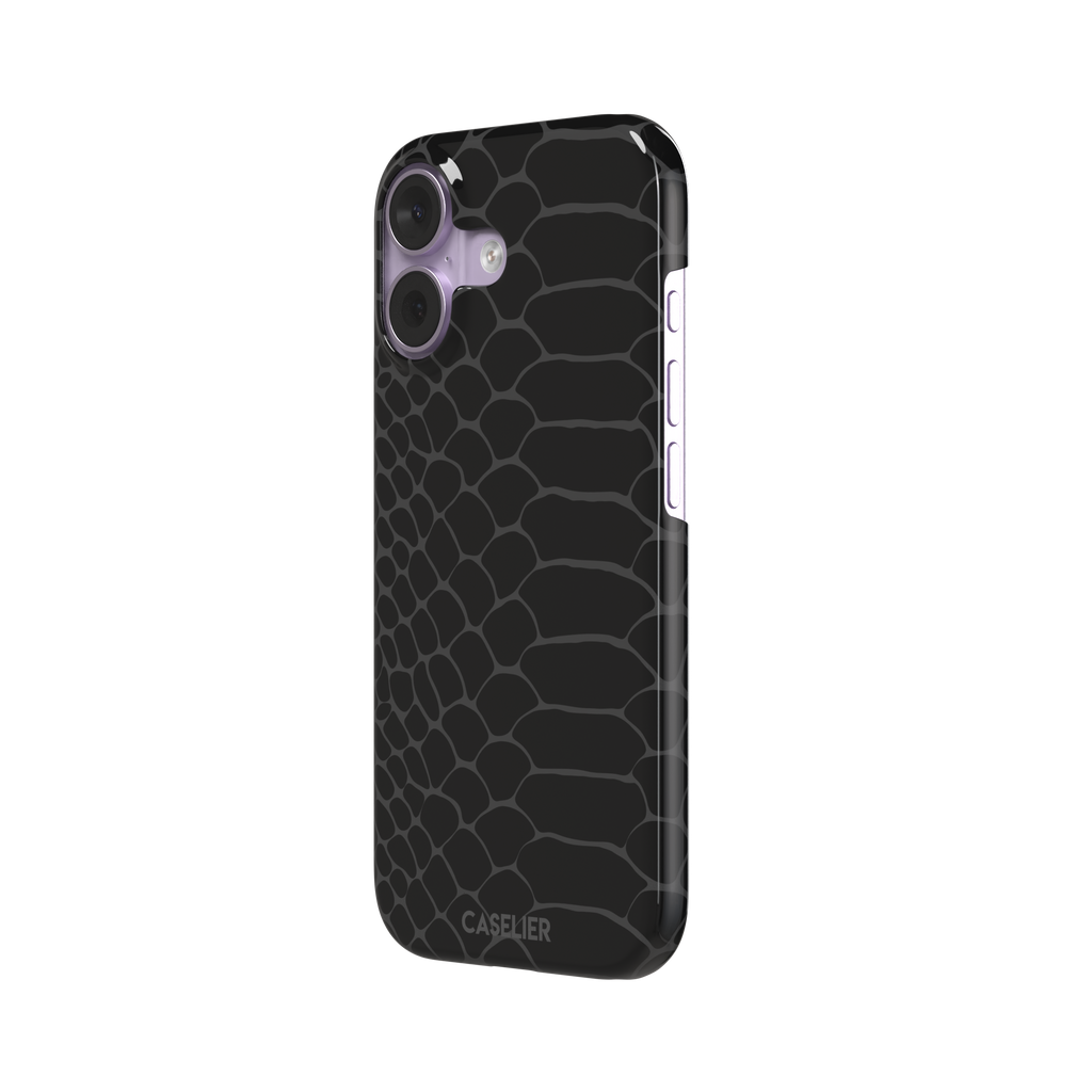 All-black snakeskin print phone case with dark charcoal scale outlines for a sleek monochrome look, phone case by Caselier — snap case, right view