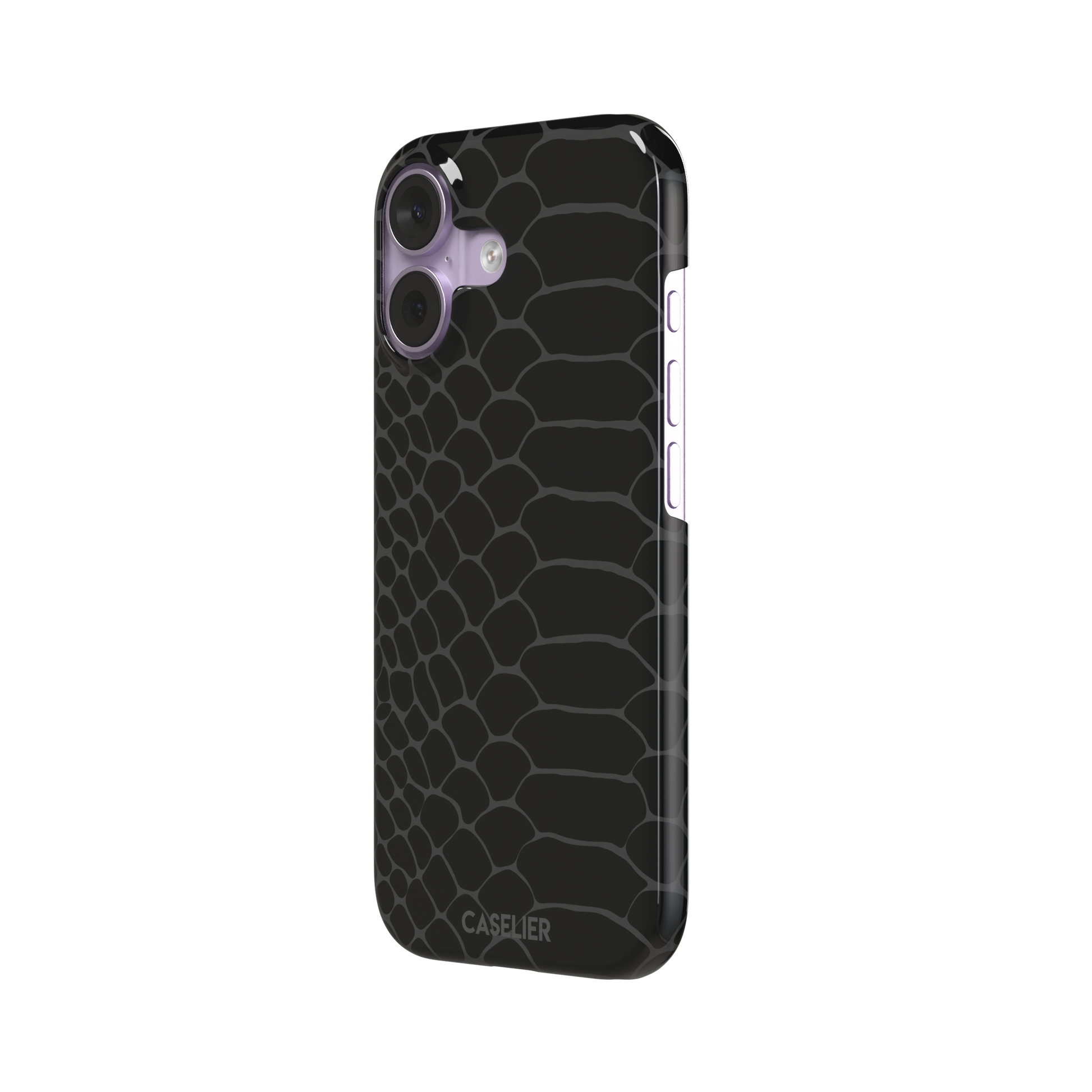 All-black snakeskin print phone case with dark charcoal scale outlines for a sleek monochrome look, phone case by Caselier — snap case, right view