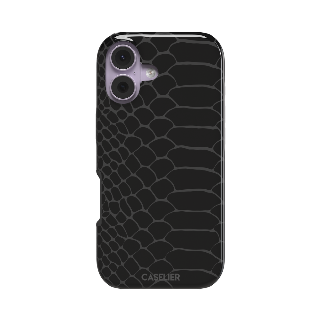 All-black snakeskin print phone case with dark charcoal scale outlines for a sleek monochrome look, phone case by Caselier — tough case, front view