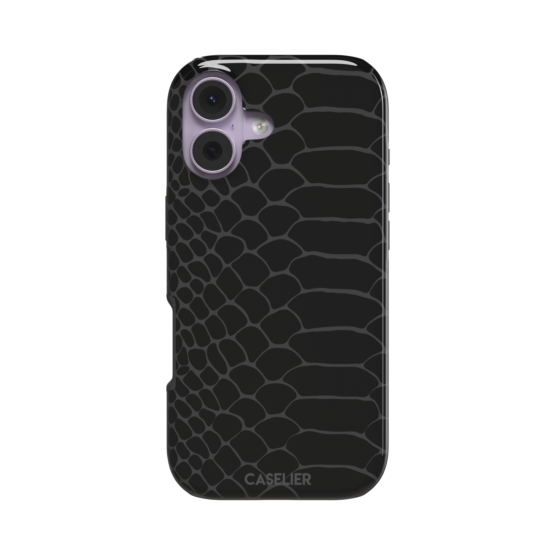 All-black snakeskin print phone case with dark charcoal scale outlines for a sleek monochrome look, phone case by Caselier — tough case, front view