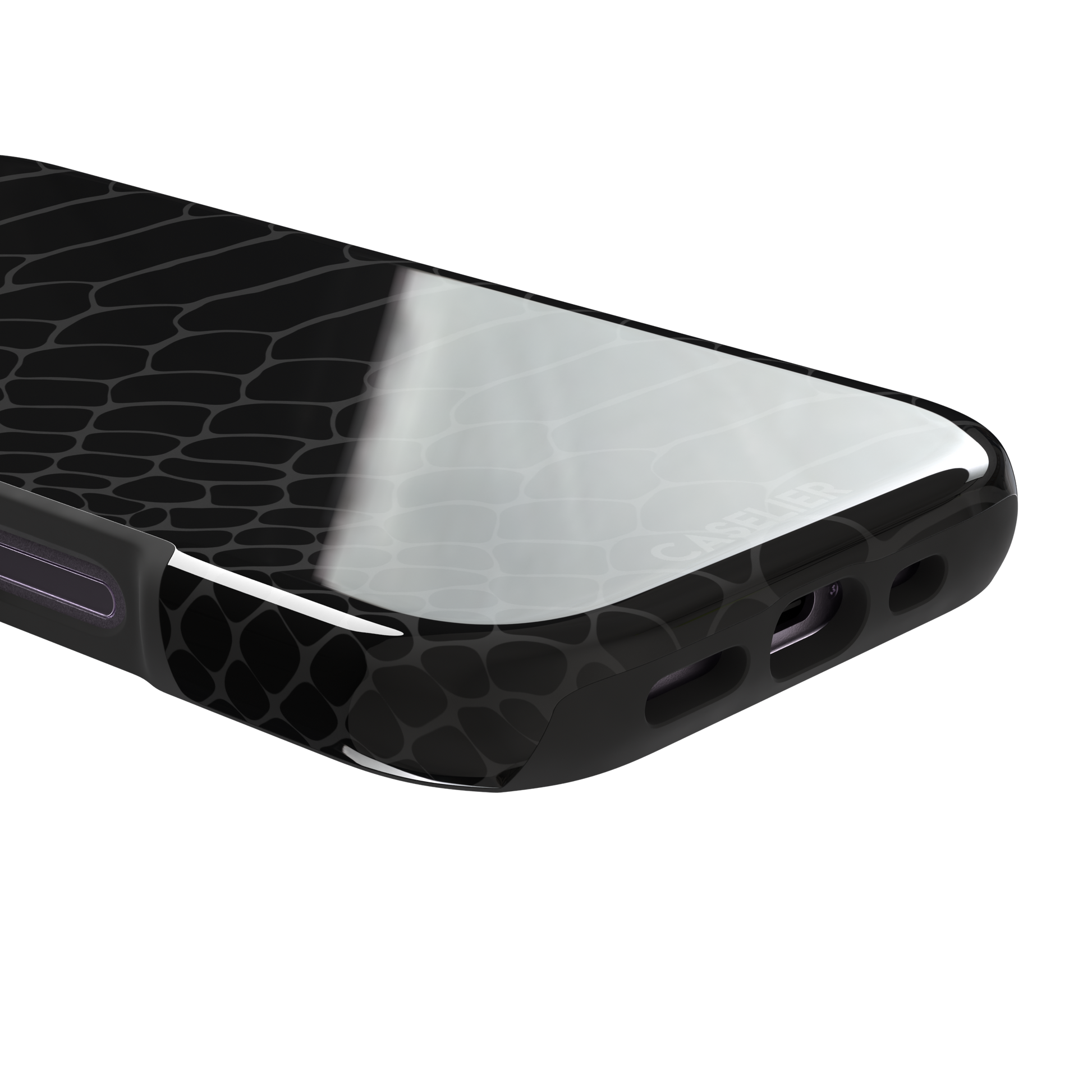 All-black snakeskin print phone case with dark charcoal scale outlines for a sleek monochrome look, phone case by Caselier — tough case, charging port detail